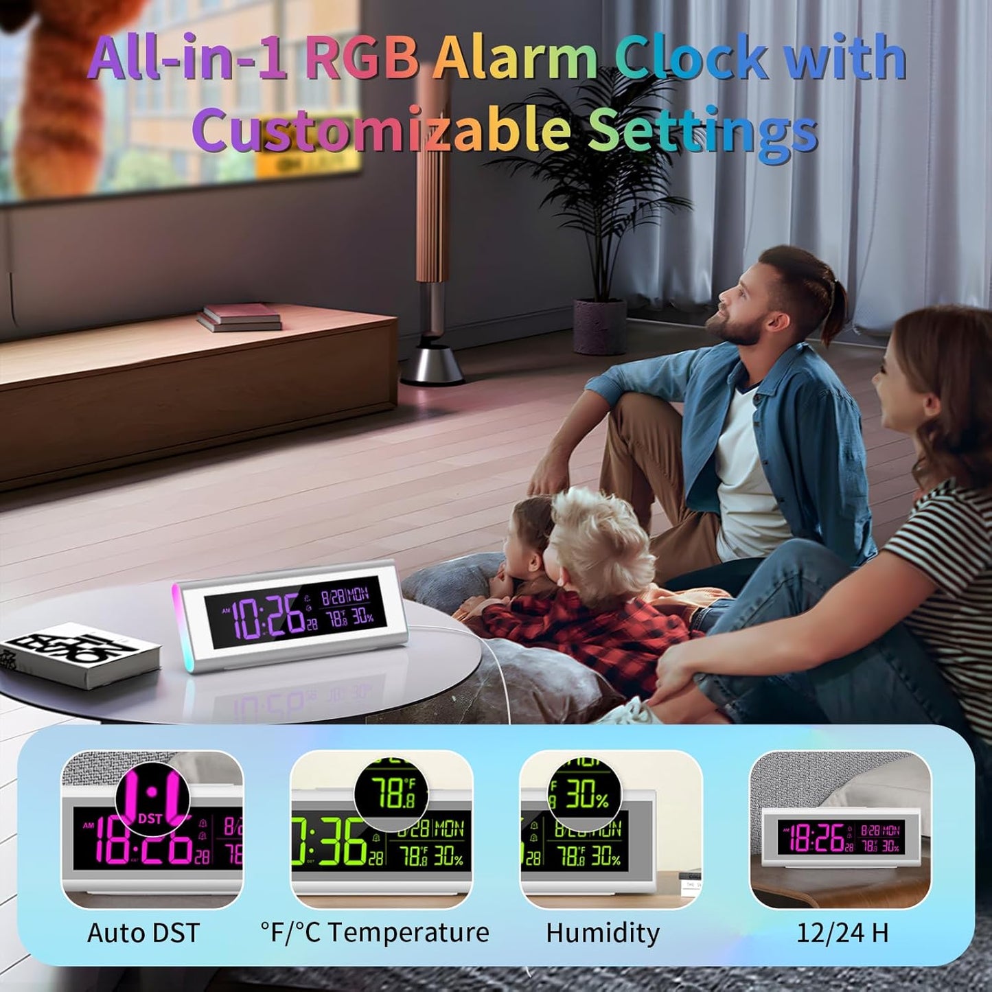 Digital Alarm Clocks for Bedrooms, LED Desk Clock with RGB Night Light, Brightness Dimmer, Date, Week, Temperature Large Display, Modern Decor for Desk, Office, Gift for Kids, Teen, Adults (Silver)