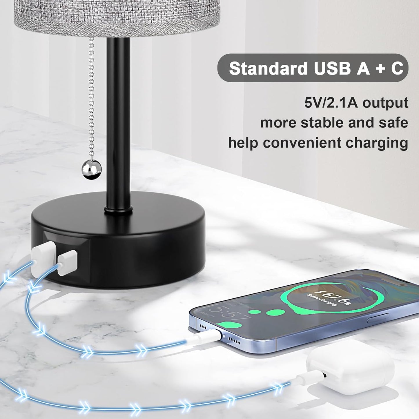 Grey Bedside Lamp for Bedroom Nightstand - Small Table Lamp with USB A + C Charging Port, 3 Color Temperatures Pull Chain Night Stand Light with Bulb, Side Table Desk Reading Lamp for Living Room/Dorm