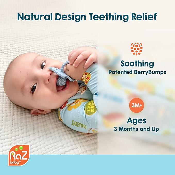 RaZbaby RaZberry Silicone Teether Pacifier – Teething Relief for Infants, Food-Grade, Hands & BPA Free, Natural Berrybumps Fruit Texture for Sensory Development, Freezable, 2-Pack - Dark & Light Blue