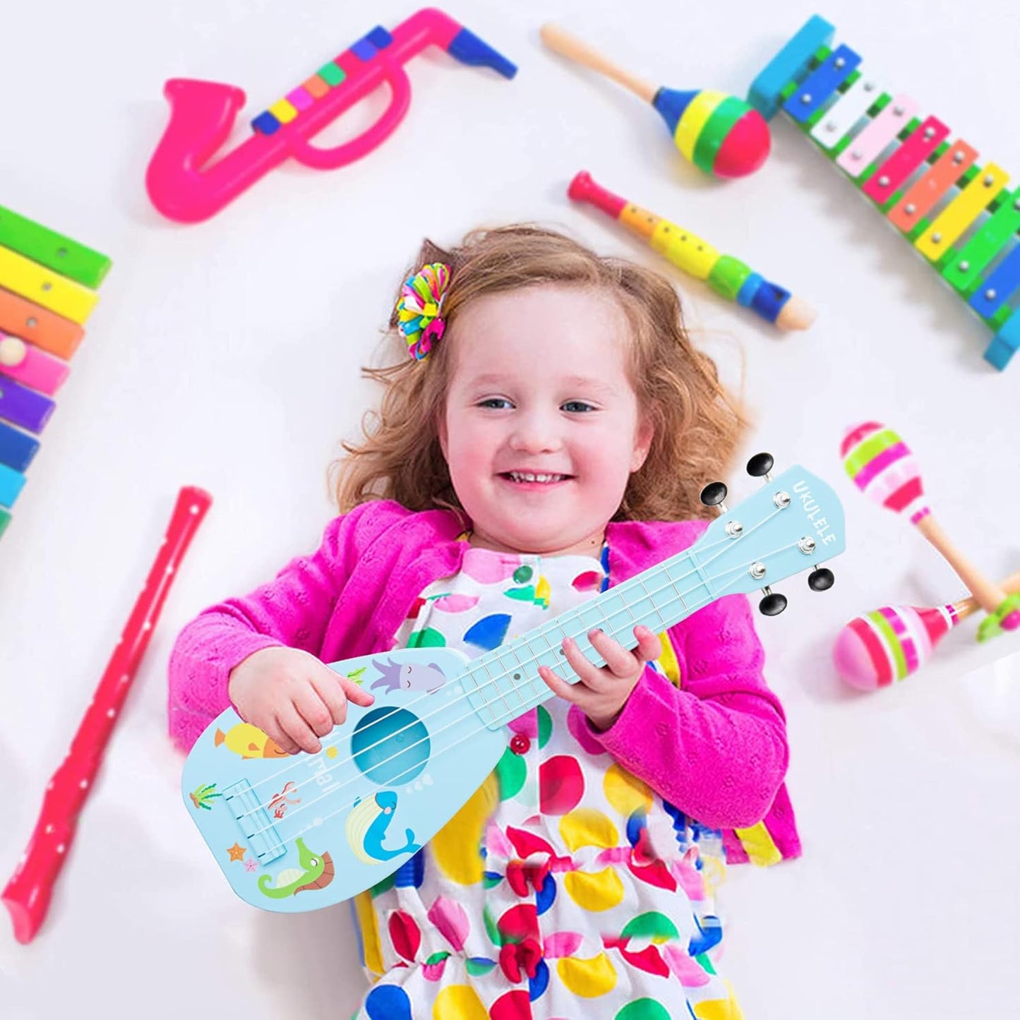 YOLOPARK 17" Kids Toy Guitar for Girls Boys, Mini Toddler Ukulele Guitar with 4 Strings Keep Tones Can Play for 3, 4, 5, 6, 7 Year Old Kids Musical Instruments Educational Toys for Beginner (Blue)
