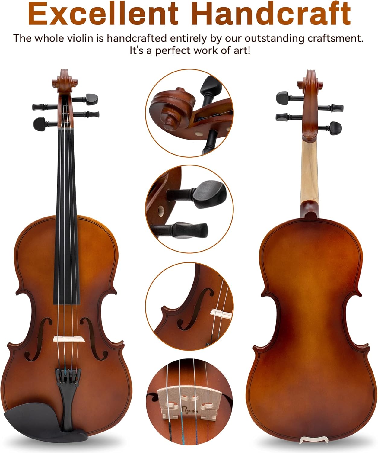 1/4 Size Violin Set for Beginner, Acoustic Violin 1/4 Outfit with Starter Kit for Student (Hard Case, Bow, Rosin, Extra Violin Strings 1/4 Full Set, Shoulder Rest, Clip-on Tuners) - Matte Brown