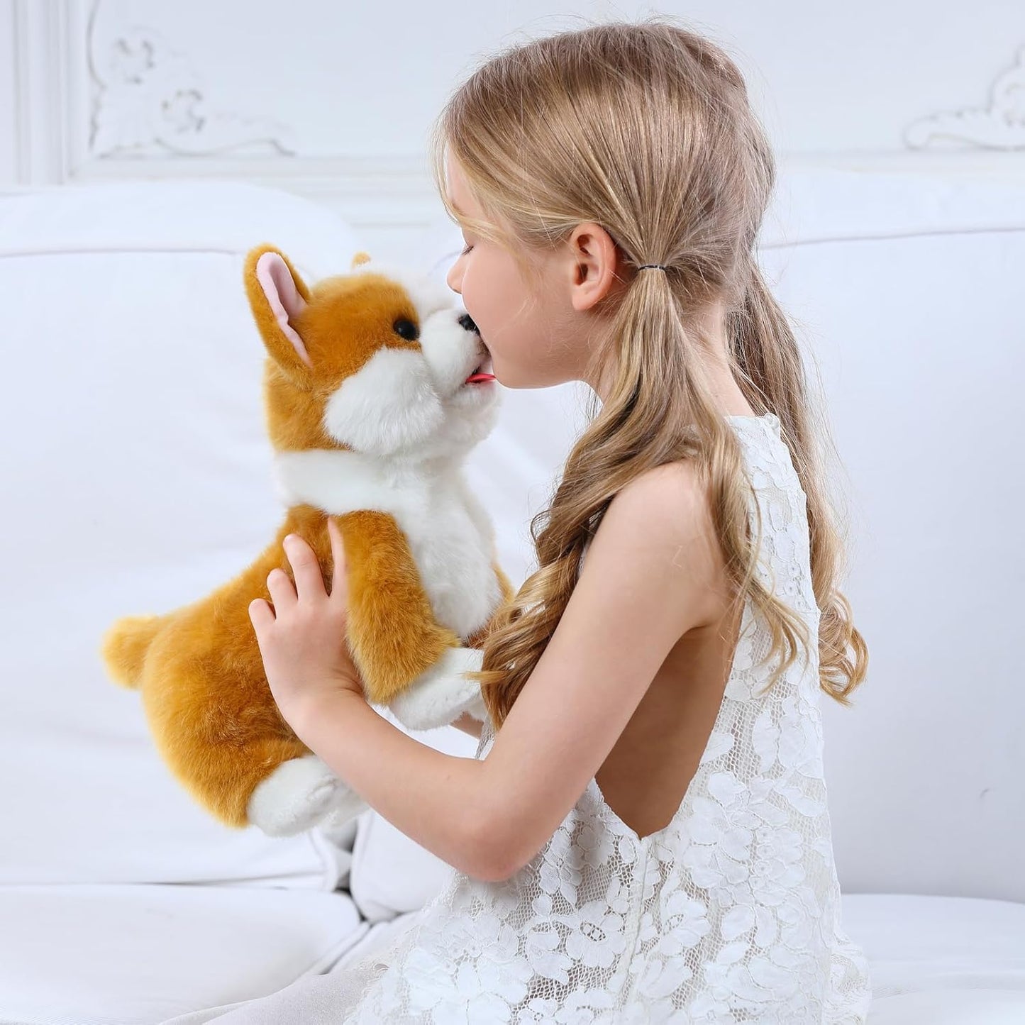 Interactive Plush Corgi Dog, Companion Robot Dog Pets,Handmade Weighted Stuffed Animals,Electronic Walking Toy with Barking,Tail Wagging,Talking,