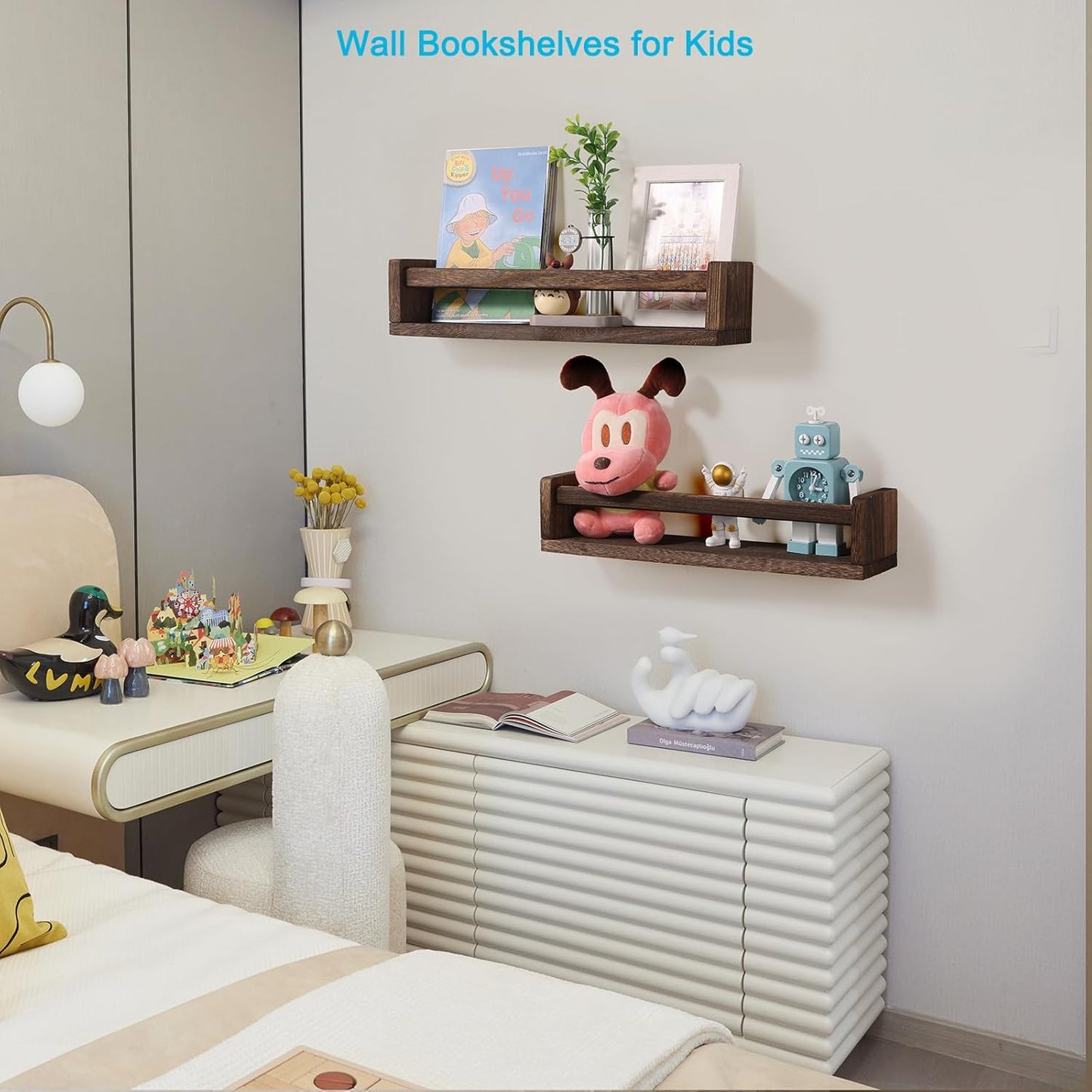 Nursery Book Shelves, Set of 2 Wood Floating Book Shelves for Kids Room, Kitchen Spice Rack, or Rustic Wall Mounted Shelves for Farmhouse Bathroom Decor (Carbon Brown)