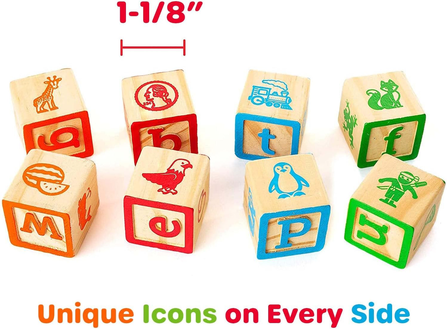 Building Blocks for Toddlers 1-3 Years Old, 30 Large Stackable Wooden Baby Blocks with Alphabet and Number Icons on Every Side, Toy Wagon Included﻿