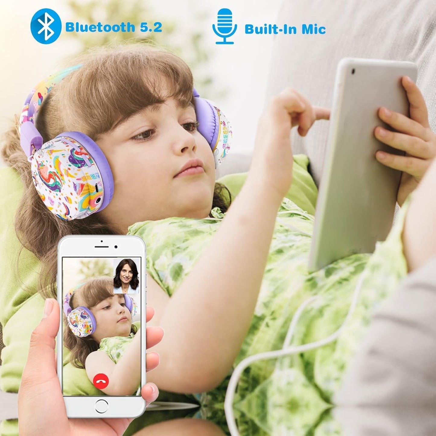 QearFun Unicorn Bluetooth Headphones for Girls - with Microphone & 3.5mm Jack, Adjustable Headband for Kids Teens Toddlers, School iPad Tablet PC Smartphones Compatible (Purple)