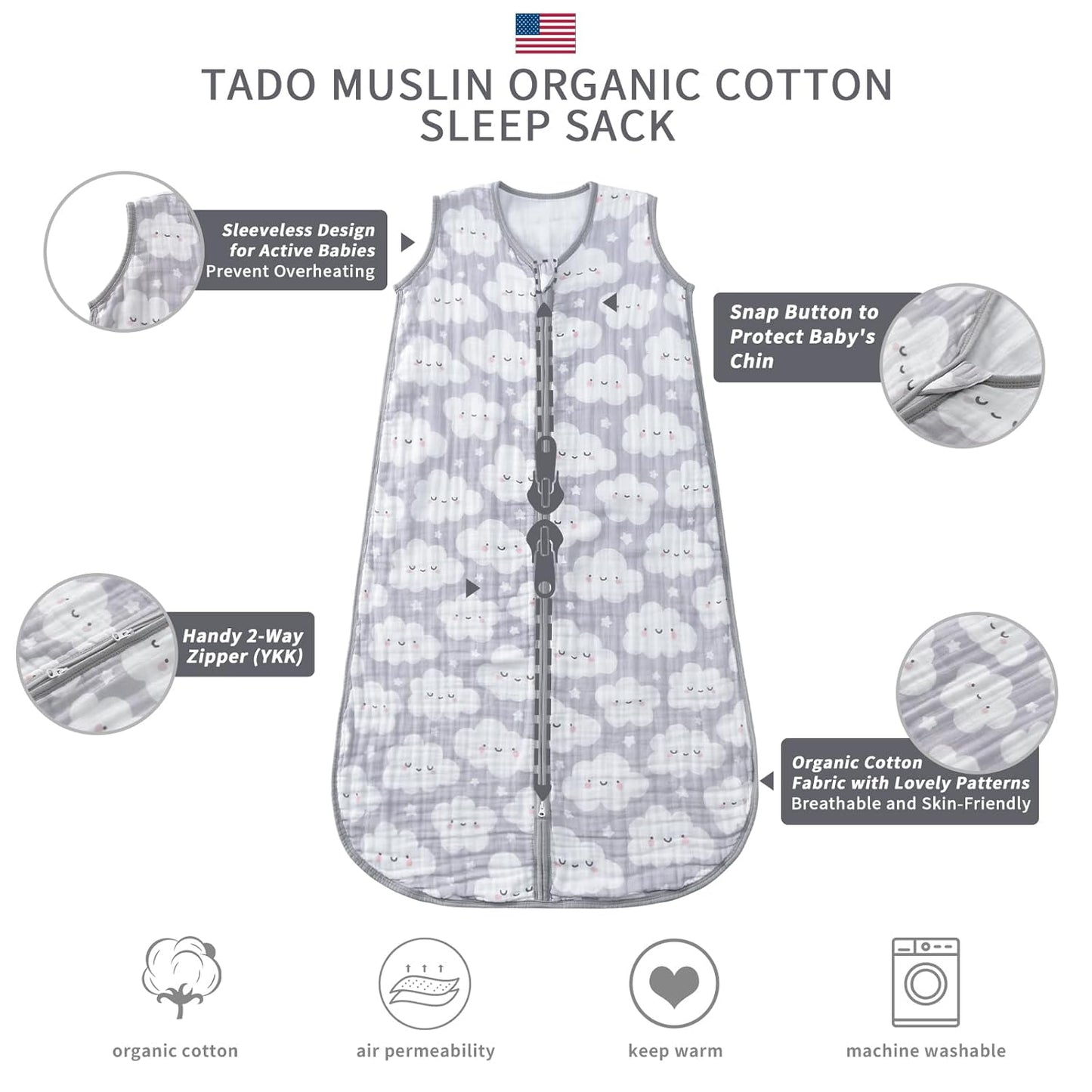 Baby Sleep Sack 2-4 T Baby Wearable Blanket 100% Organic Cotton 0.5 TOG Toddler Sleep Sacks 2- Way Zipper Soft 4 Layers 2T 3T 4T Cloud