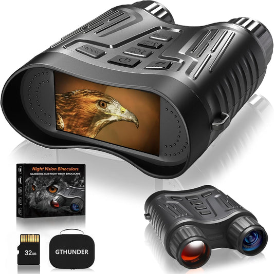GTHUNDER Night Vision Goggles, Night Vision Binoculars – 4K UHD Video, 52MP Photos, App Remote Control, 10X Zoom, 4" HD Screen, 984ft, 7-Level IR, 4000mAh, 32GB Card – Ideal for Hunting & Security
