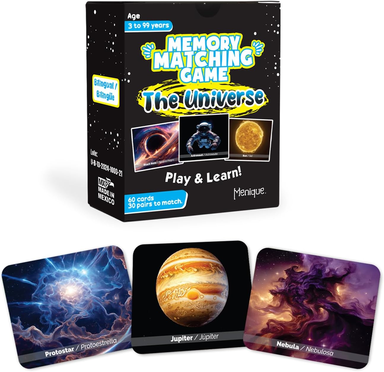 Menique Universe Memory Matching Game – 60 Cards (30 Pairs) – Bilingual Space Game with Planets, Stars & More – Educational for Kids and Adults