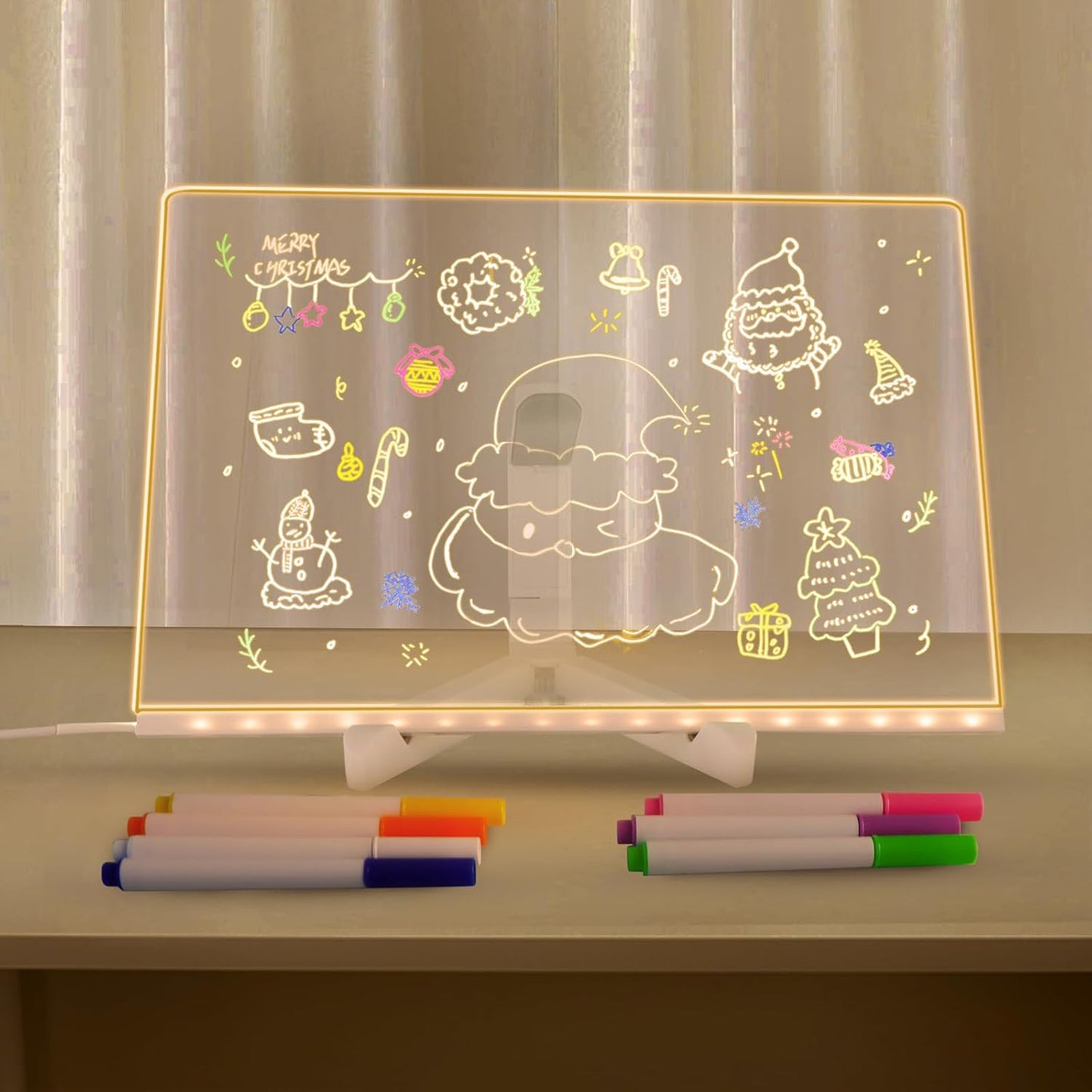 LED Note Board with Color, 11.8 X 7.9 in LED Drawing Board, Glowing Acrylic Dry Erase Board, Light Up Acrylic Message Board Notepad with Adjustable Stand and 7 Color Pens