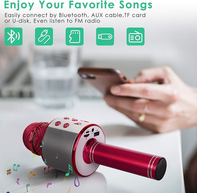 KIDWILL Wireless Bluetooth Karaoke Microphone for Kids, 5-in-1 Portable Handheld Karaoke Mic Speaker Player Recorder with Adjustable Remix FM Radio for Kids Girls Boys Teens Birthday (Red)