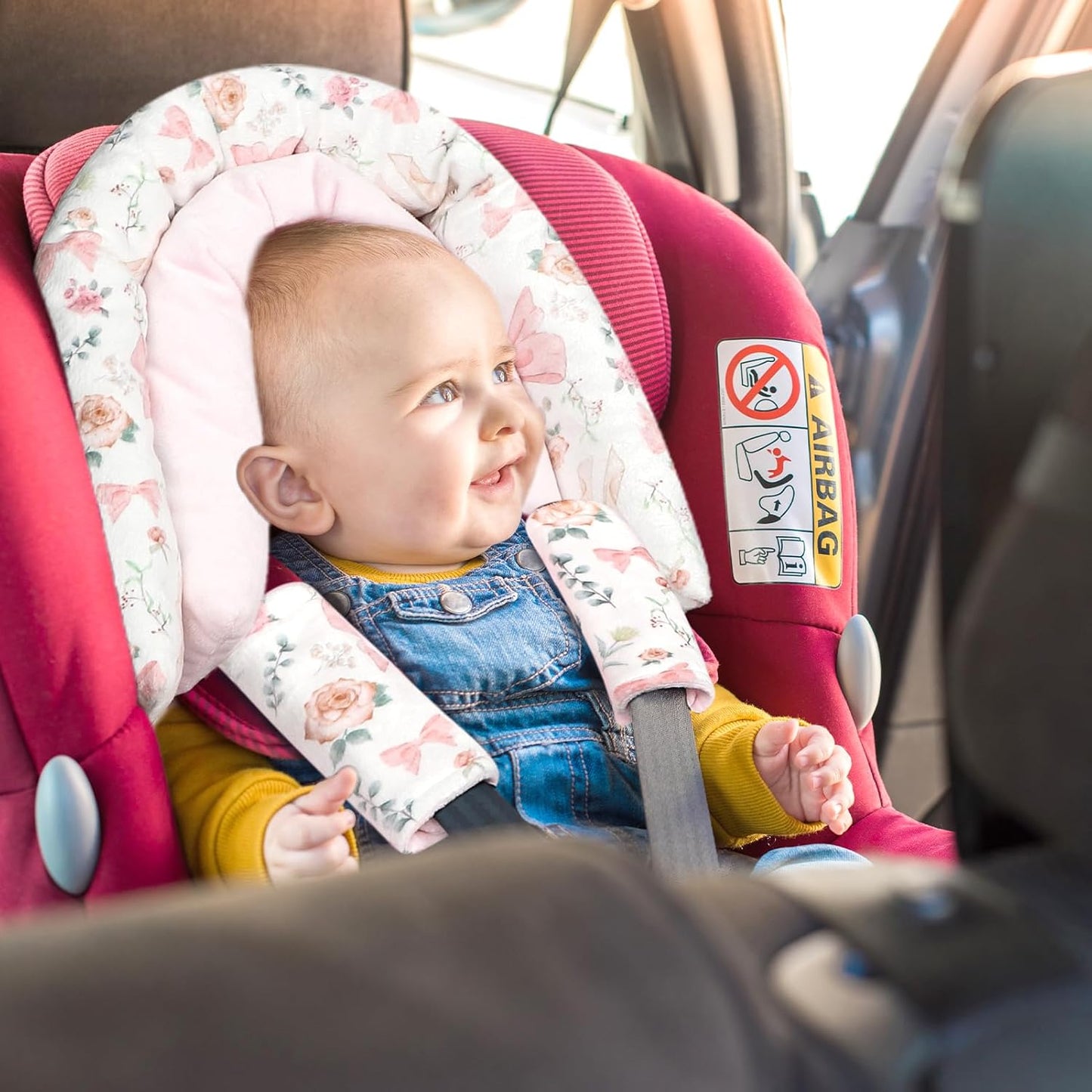 Baby Car Seat Head Support for Newborn, GFU 2 in 1 Infant Car Seat Head Body Support with Strap Pads, Soft Stroller Cushion Pillow Insert for Girls, Fits for Stroller, Swing, Pink Floral