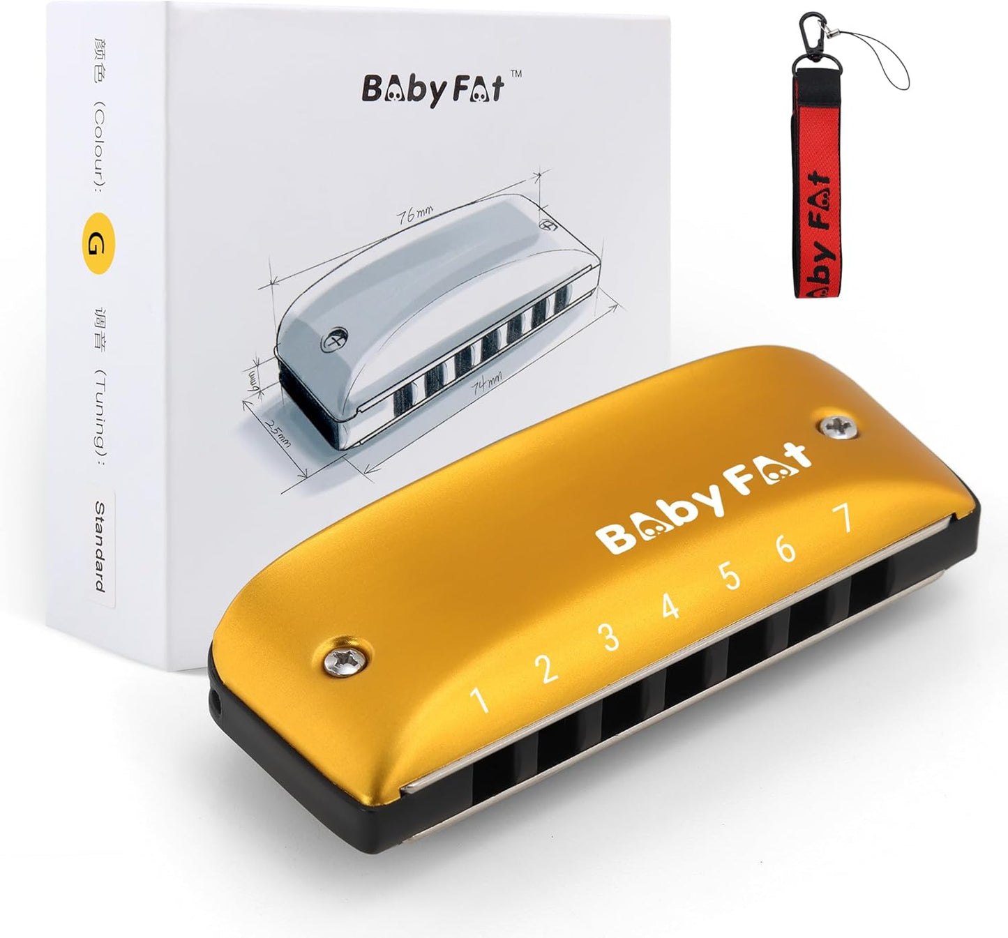 BabyFat 7 Hole Blues Mini Harmonica Set,Diatonic Harmonica with free lanyards,Gifts for Professional Players and Beginners,Easy-playing Musical Instrument(Key of G）