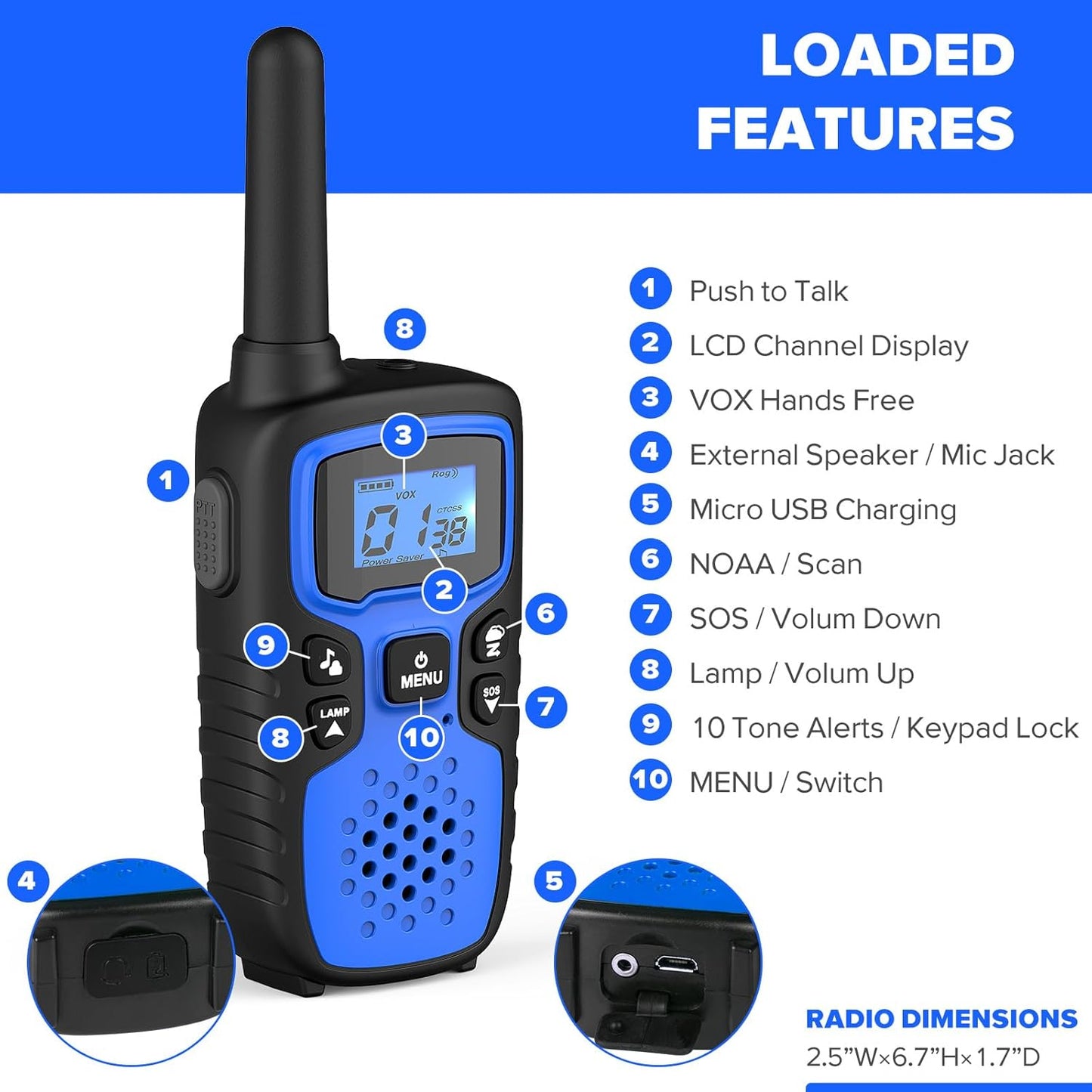 Wishouse Walkie Talkies for Kids Adults - Long Range Rechargeable 2 Way Radios,Gift,Hiking Accessories Camping Gear with Lamp,SOS Siren,NOAA Weather Alert,VOX,Easy to Use Blue Green 2 Pack