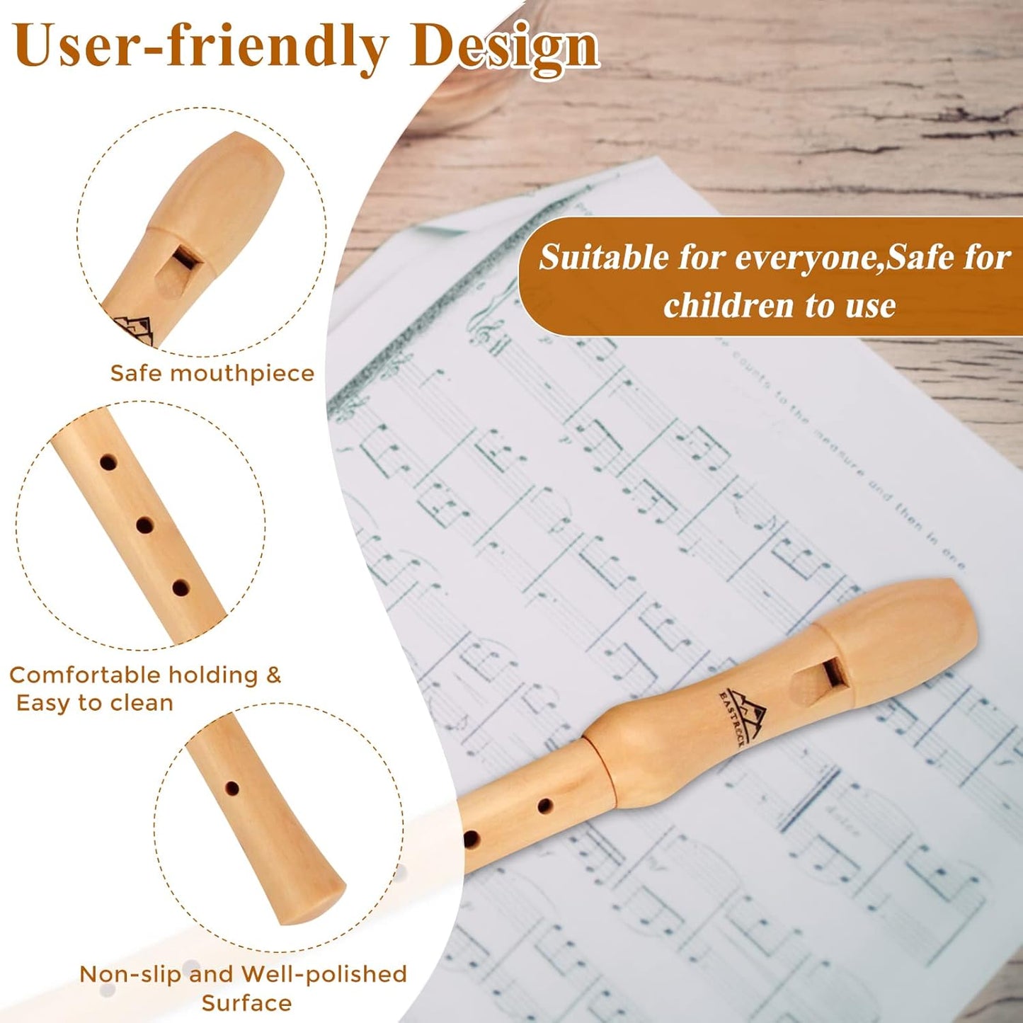 Eastrock Recorder Instrument for Adults Beginners Maple Wood C Key Soprano Recorder German Style 2 Piece With Hard Case