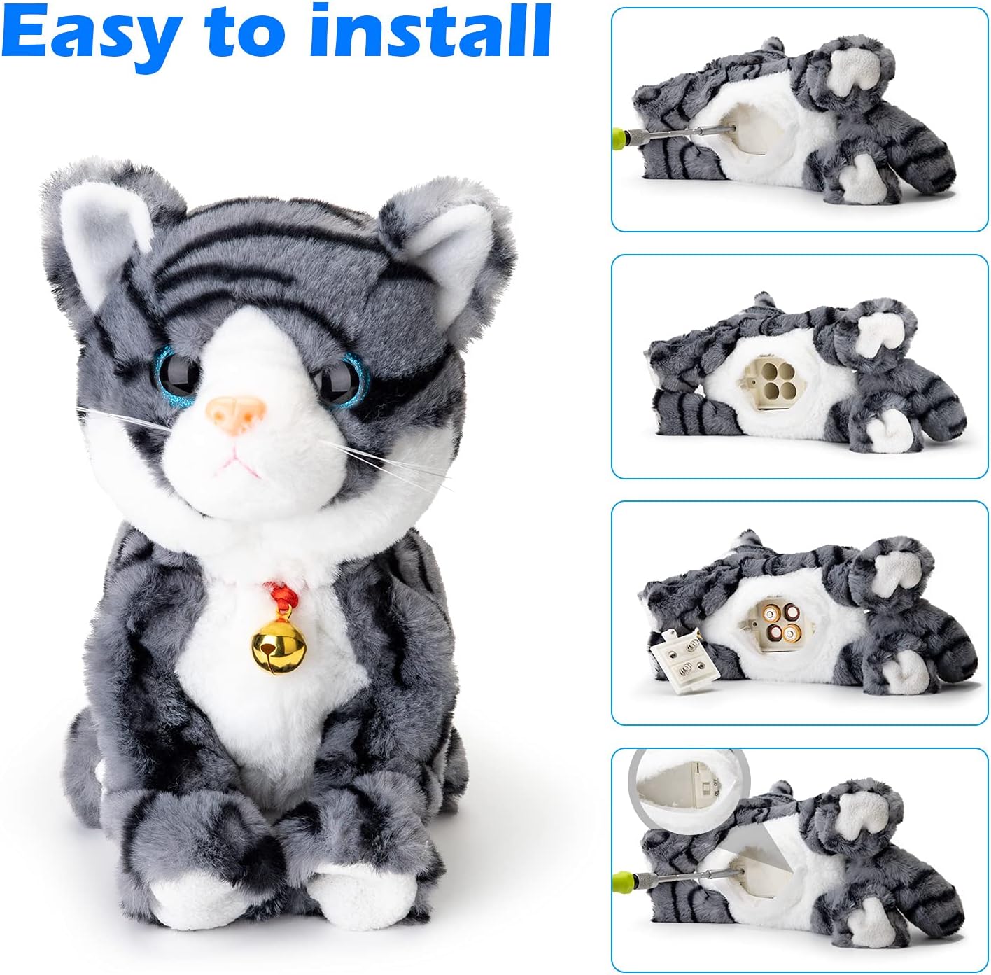 Smalody Interactive Electronic Plush Toy - Upgrade with LED Light Eyes Animated Sound Control Electronic Pet, Robot Cat Kitten Toys Gifts for Boys & Girls Kids Birthday Christmas (Gray)