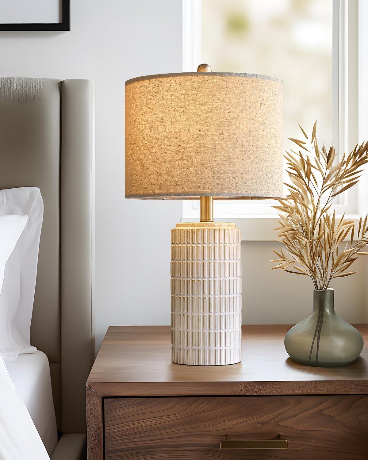 PoKat 23'' Bedside Table Lamp for Bedroom Nightstands, Ceramic Lamp for Living Room, White Night Stand Light with Round Linen Shade, Modern, Silver