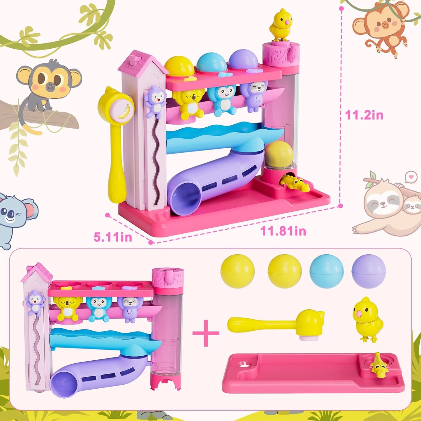 Musical Toy for 1-2 Year Old Girls,Educational Baby Toys 12-18 Months,Ball Drop Toy with English & Spanish,Fine Motor Toys for Toddlers 1-3,Birthday Gift for 1+ Year Old Girl (Pink)