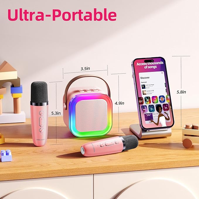 Kinglucky Mini Karaoke Machine for Kids, 2025 TOP Birthday Gifts Ideas for 3-12 Year Old Girls, Christmas Party Gifts Kids' Personal Video Players Accessories with 2 Wireless Microphones - Pink