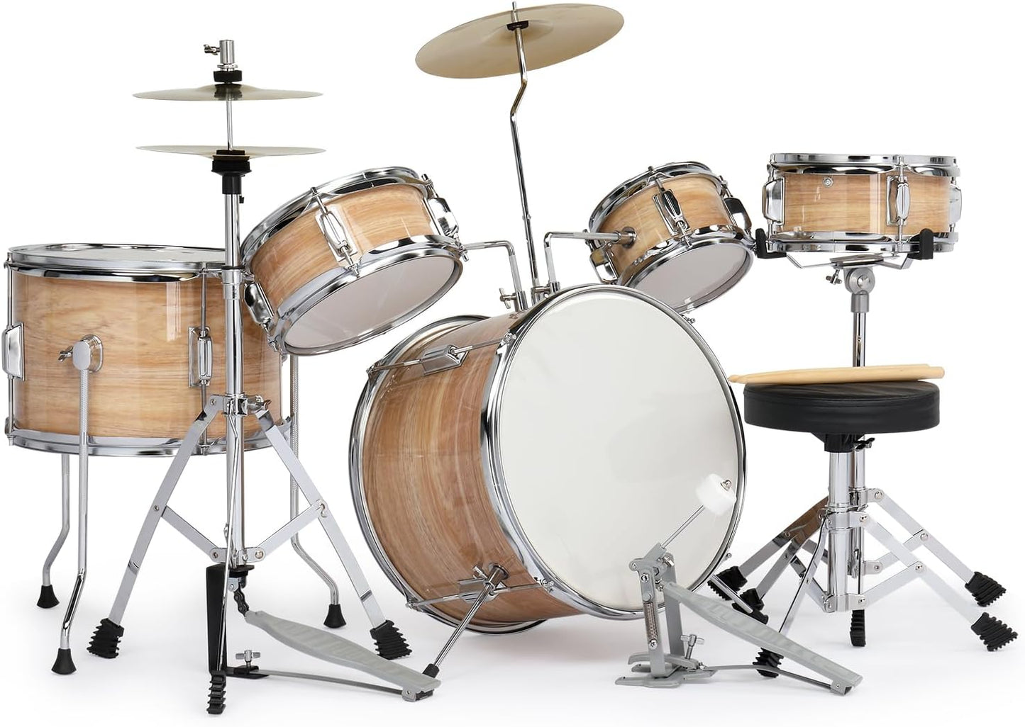 Ktaxon 5-Piece Complete Junior Drums Set, 14 Inch Beginners Drum Kit with Throne Stool, Pedal & Drumsticks, Kids Drums Musical Instruments W/Cymbal, Hi-Hat, Floor, Tom and Snare Drum (Wood Color)