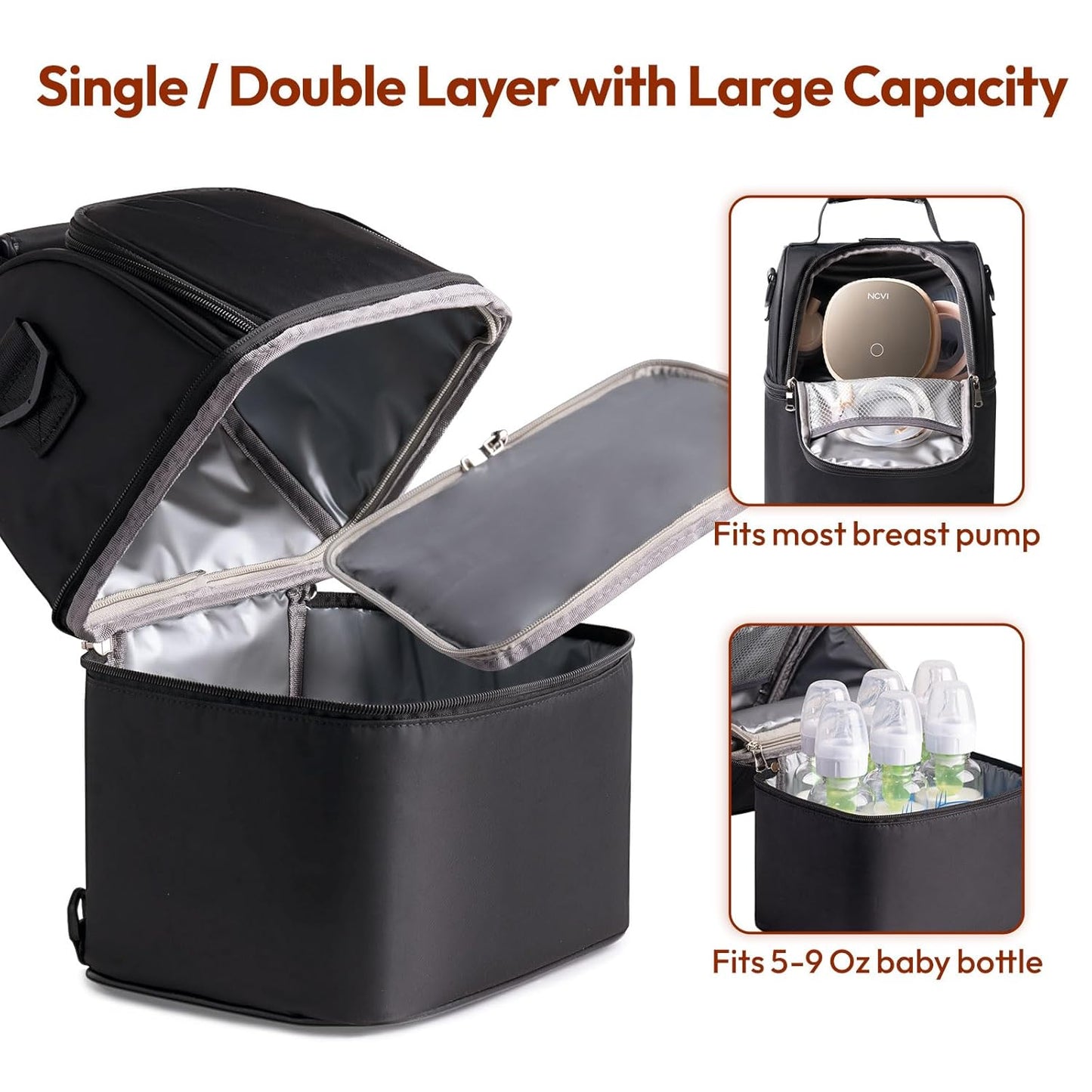 NCVI Breastmilk Cooler Bag with 2 Ice Pack, Breast Pump Bag with Cooler Fits 6 Bottles, Double Layer Breast Milk Cooler Travel Bag Baby Bottle, for Travel, Nursing Mom Daycare, Work, Picnic (Black)