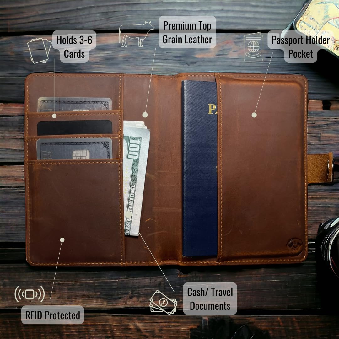 Genuine Leather AirTag and Moto Tag Passport Holder and Wallet for Men and Women RFID Blocking for Secure Traveling and Documentation Organizer(Coffee)