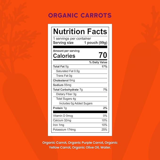 Serenity Kids 6+ USDA Months Organic Carrot Veggie Puree Baby Food Pouches - 3.5 oz Pack of 12 - Organic, BPA-Free & Allergen Free - No Sugary Fruits & No Added Sugar - 3.5 Oz, 12 Pack