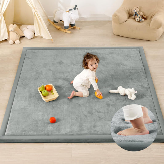 1.3" Thick Baby Play Mat for Floor,79 x 118 Large Foam Tummy Time Mat,Padded Support Soft Plush Nursery Rug for Infant,Kids Toddler Crawling kick activity (Light Grey)