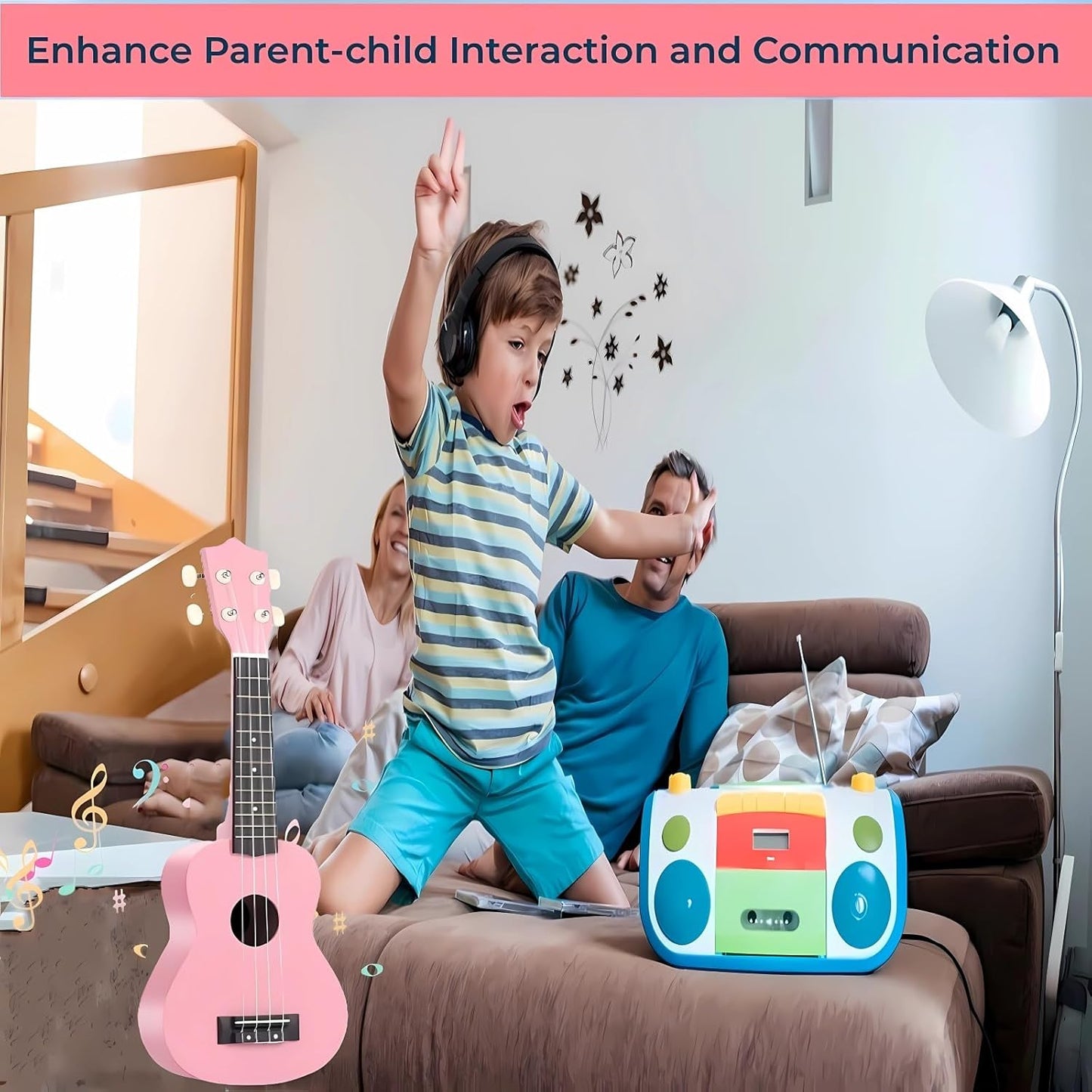 21 Inch Carbon Fibre Kids Toddler Child Children Acoustic Guitar Ukulele Musical Instruments Ideal for 3-9 Year Old Boys Girls Gifts (Pink)