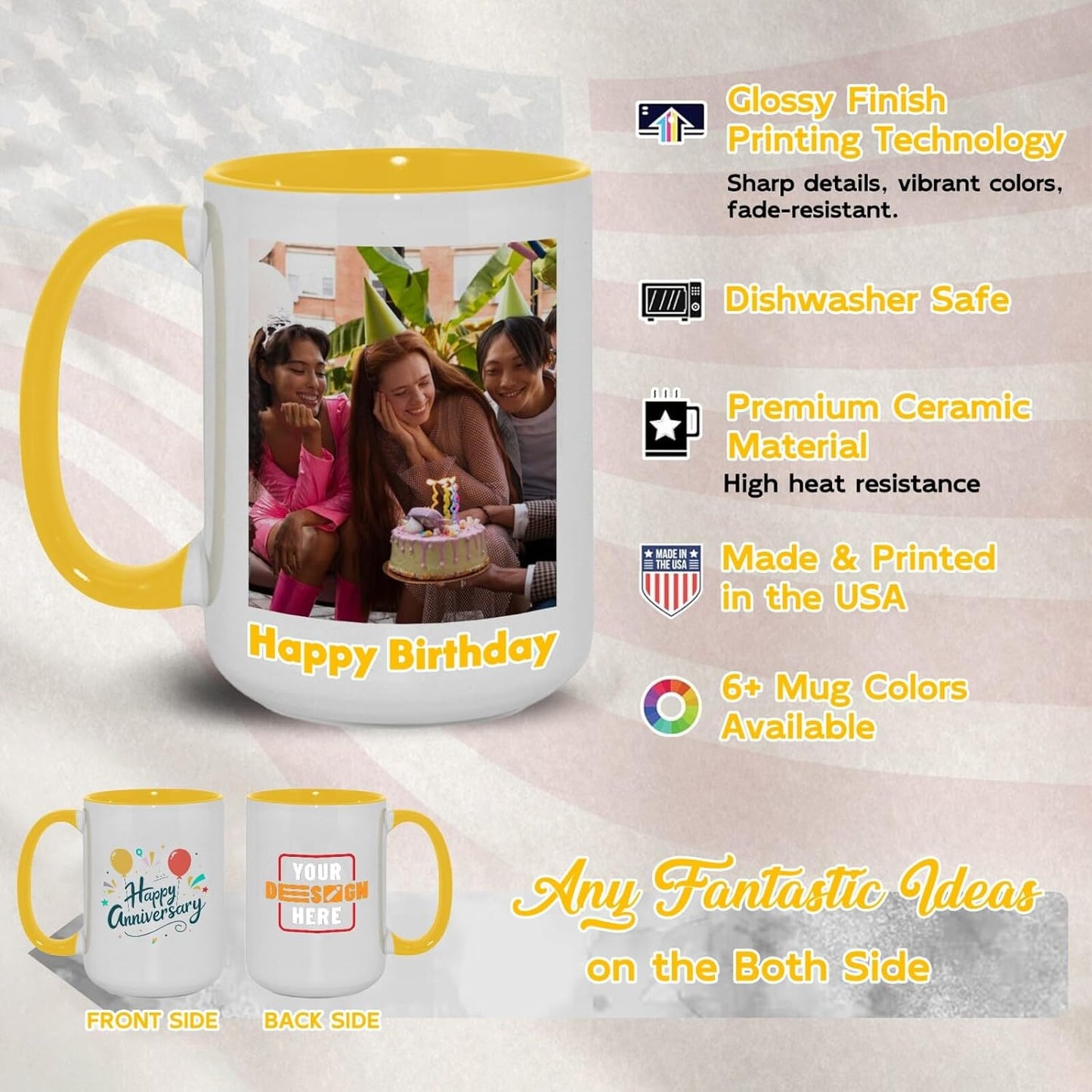 Ship Next Day Custom Mug Design Your Own Photo Text Personalized Picture Gifts for Women Men Customized Gifts Idea Personalized Coffee Mugs 11oz Yellow Handle