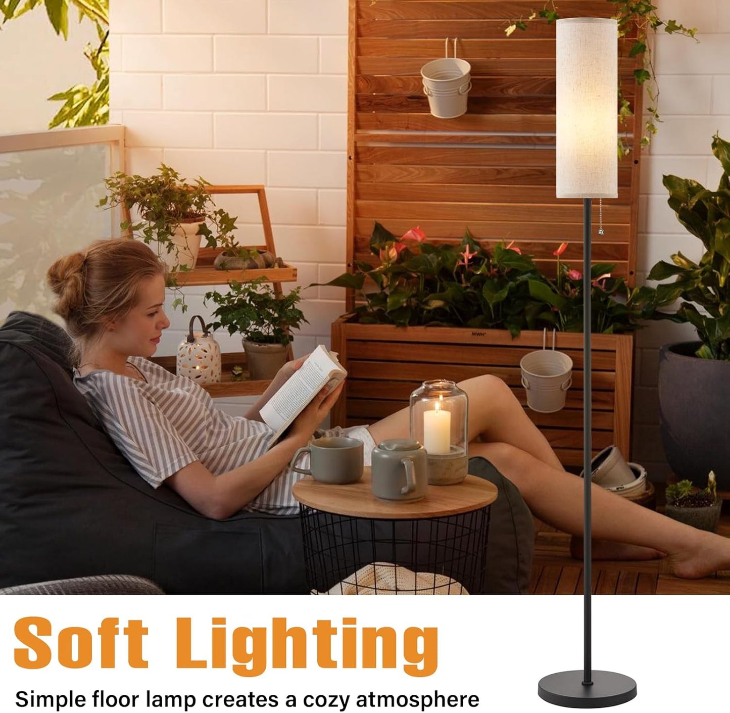 Ambimall 64'' Floor Lamp for Living Room with Bulb - Tall Lamps with Beige Lampshade & Pull Chain Switch, Pole Lamps for Bedrooms Tall, Minimalist Floor Lamp