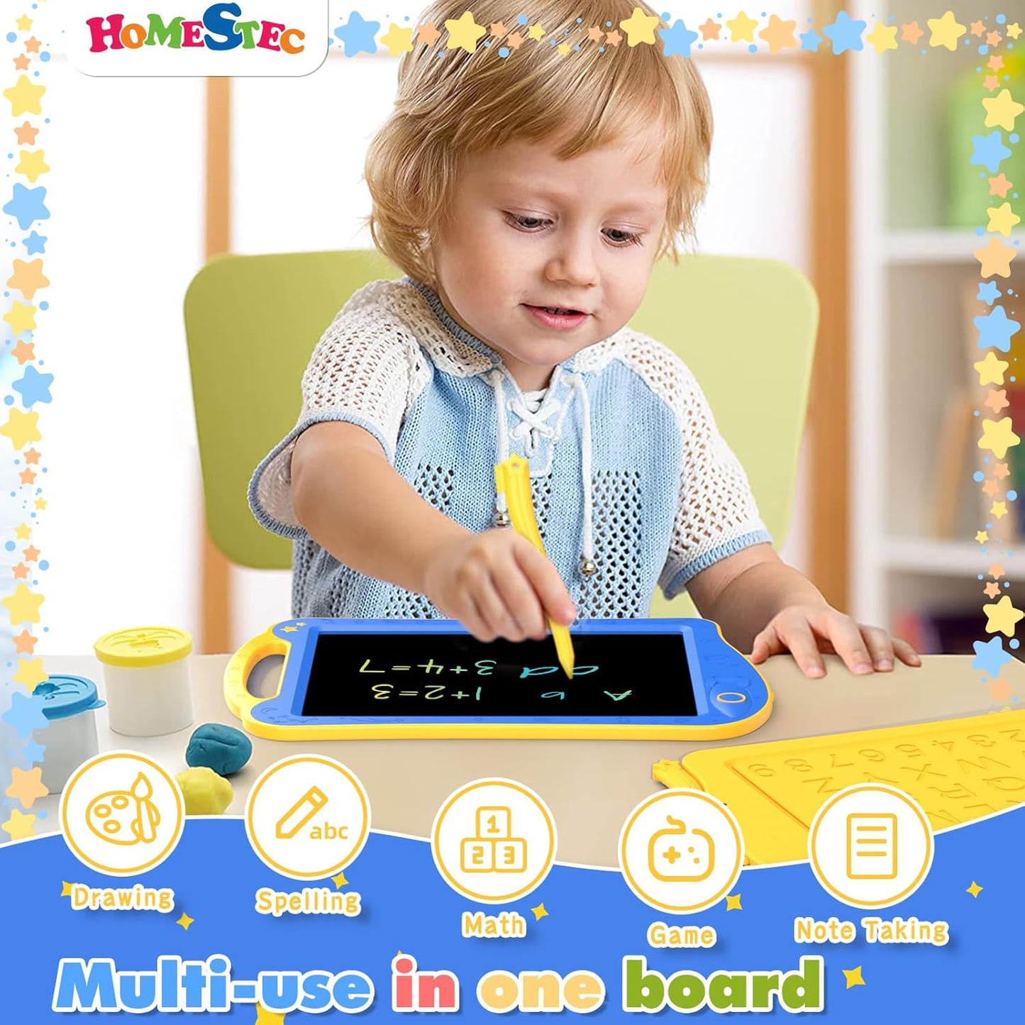 Astrodraw Drawing Pad Toys, Colorful LCD Writing Tablet for Kids, Doodle Board for Toddlers 3 4 5 6 Years Old, Travel Sensory Space Toy for Boys Girls, Birthday Gift Idea (Blue/Yellow)