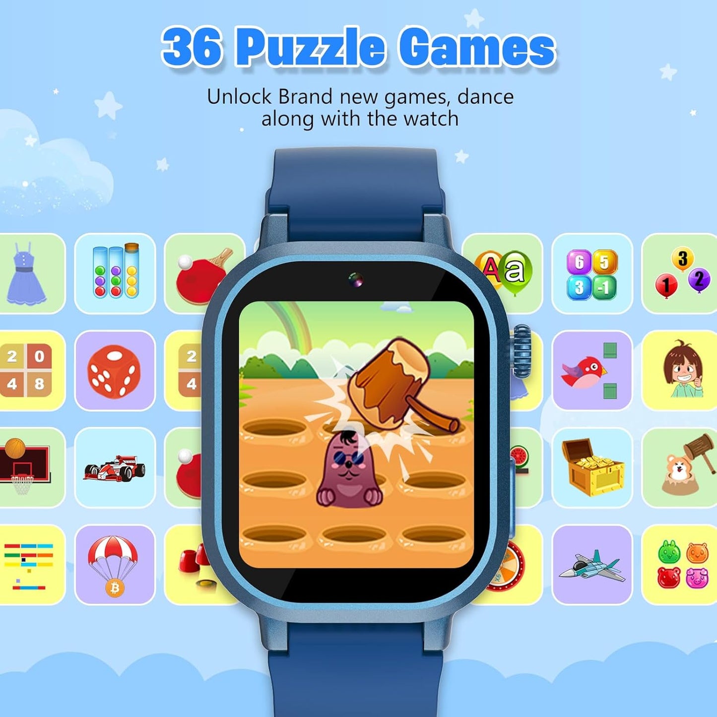 Kids Waterproof Smart Watch Boys Gift Age 3-12 with 39 Game HD Touch Screen Music Player Video Camera Pedometer Alarm Clock Birthday Gift for 6 7 8 9 Year Olds Blue