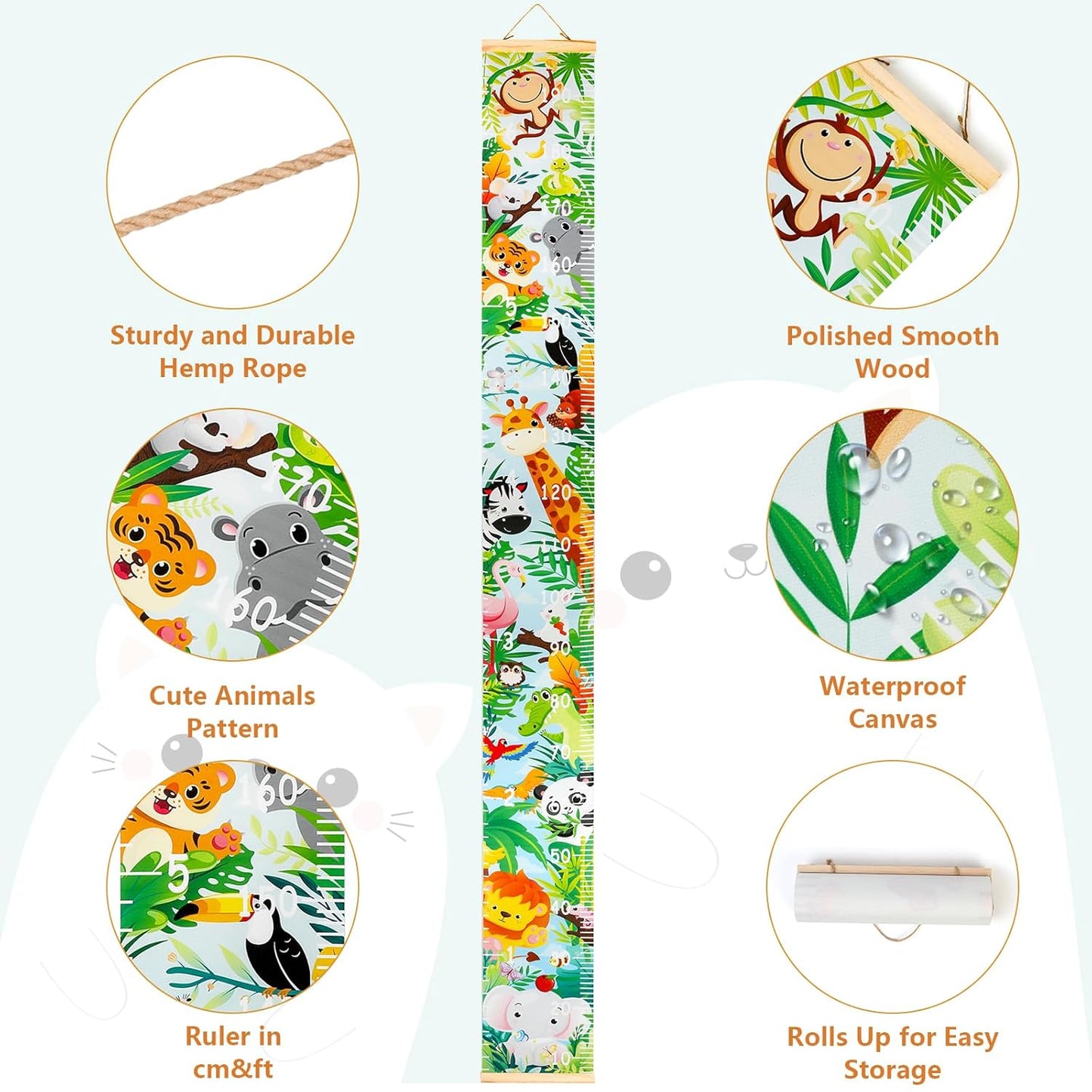 Kids Growth Chart Height Measuring Chart, Animal Jungle Canvas Wall Hanging Rulers for Baby Children Girls Bedroom Decor 74.8''* 7.87'' (Animal)