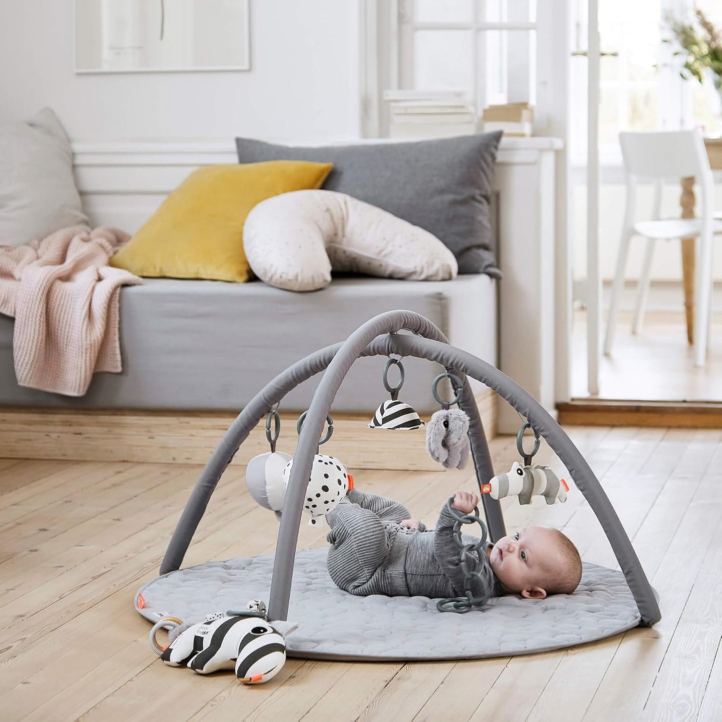 Done by Deer Deer Friends Blue Activity Play Mat with Hanging Toys - Soft, Durable, & Easy to Clean - Stimulates Senses - Improves Motor Skills & Cognitive Development