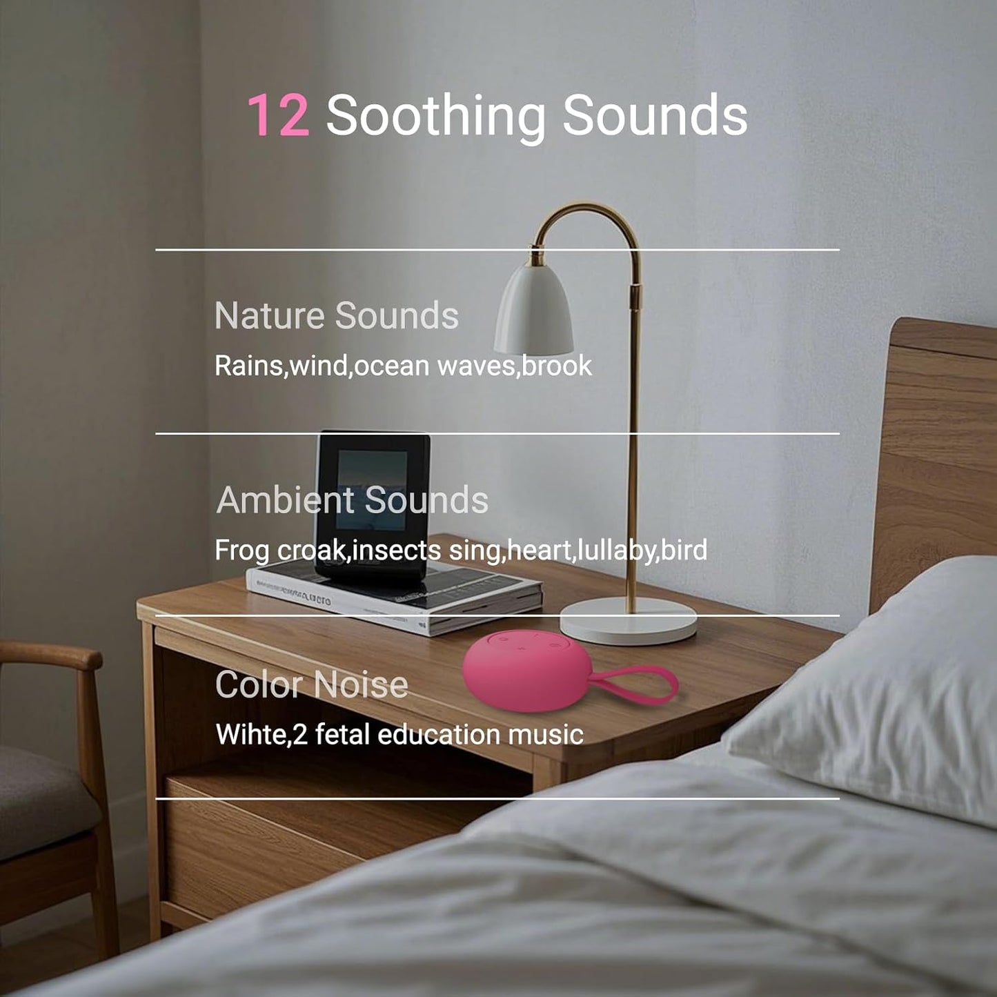 Portable Baby Sound Machine [White Noise for Babies Kids Adults][Sleep Soother][Timer Function][12 Soothing Sounds] 15 Hours Battery Life, Registry Gift,Shower,Clips on Baby Stroller.Rose