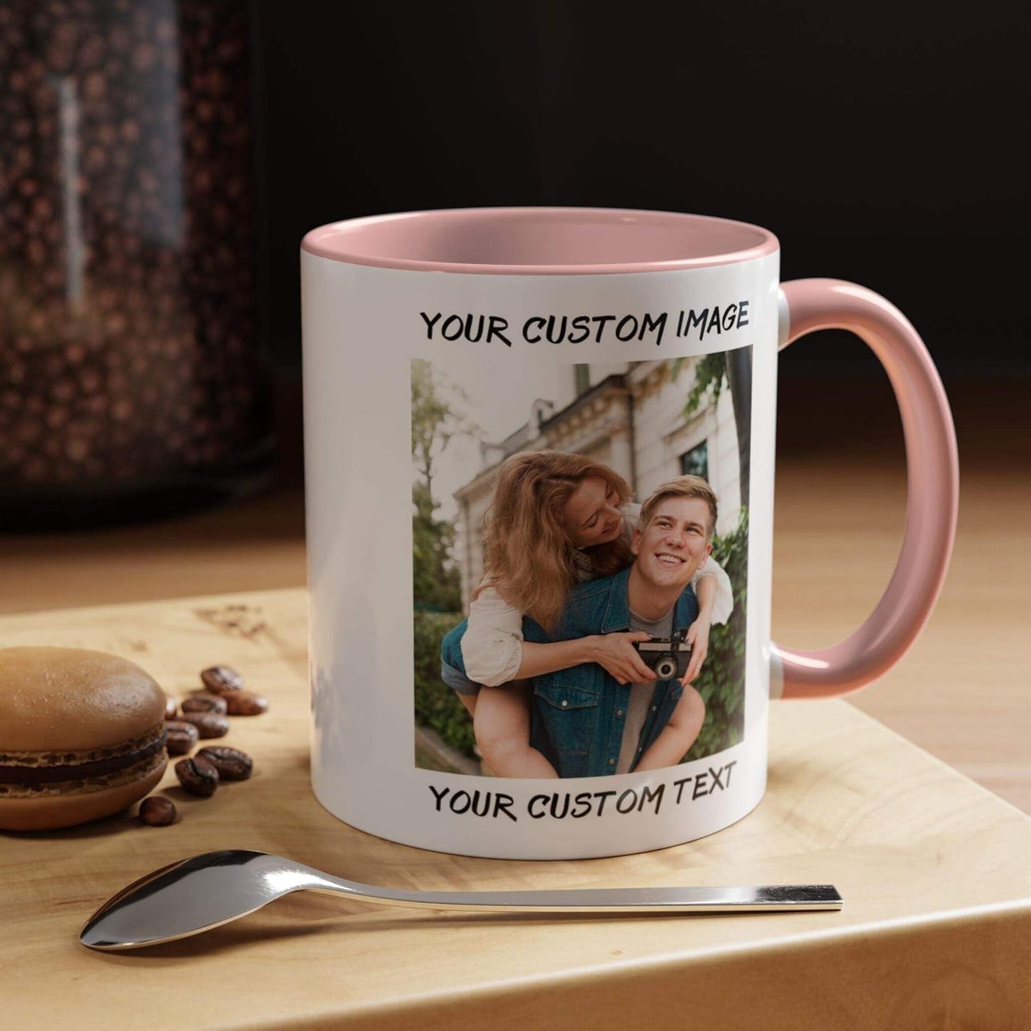 Personalized Coffee Cup with Photo, Logo or Text - Custom Both Sides Printed Mug for Him & Her - Unique Customized Gifts with Names - White/Pink