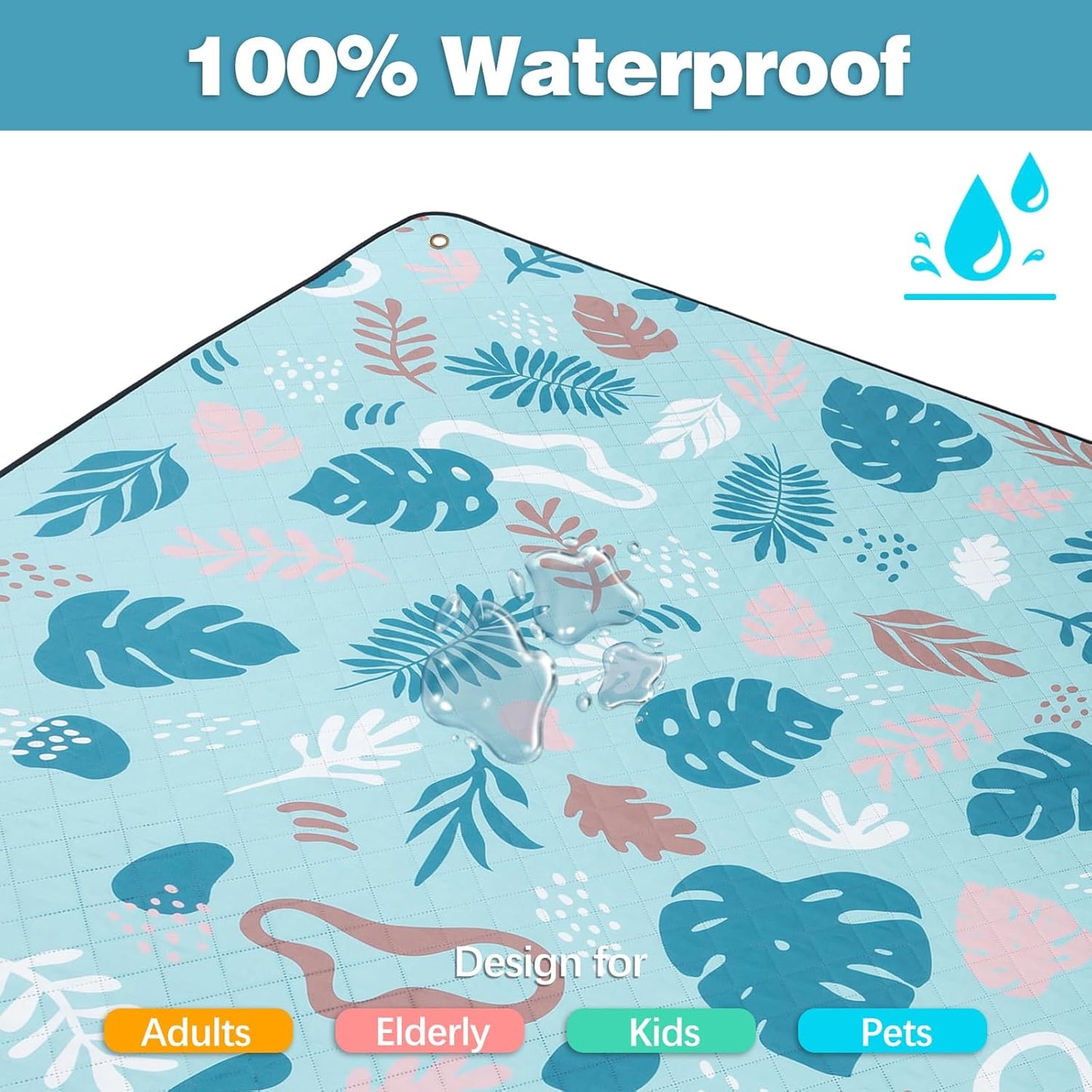 PY SUPER MODE Extra Large Waterproof Picnic Blankets 83x79 Inches - 5 Layer Outdoor Picnic Mat for Beach Camping Park Lawn, Windproof Anchor System with Stakes, Foldable Blue&Green