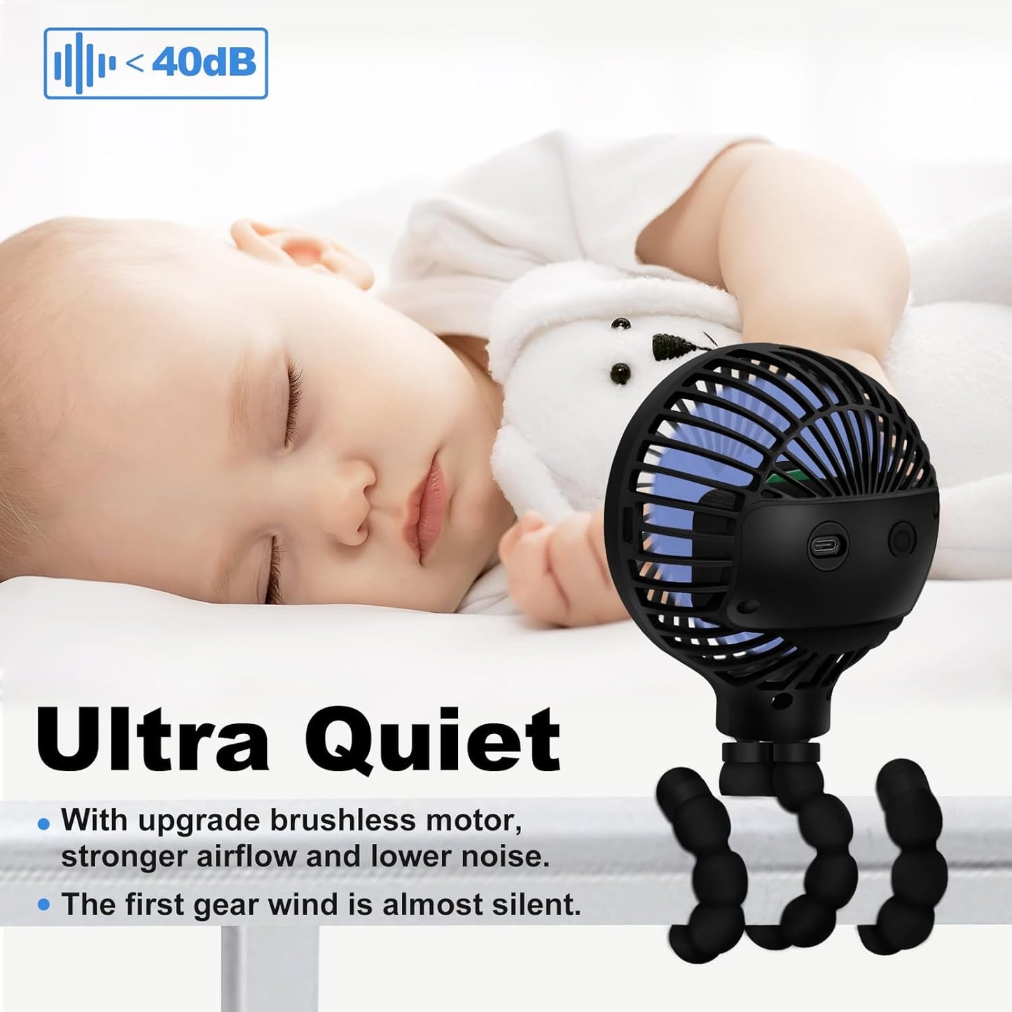 TRELC Mini Stroller Fan, 19H Ultra-long Battery Life, Personal Handheld Clip on Portable Rechargeable Fan with Flexible Tripod, Gift for Children Baby Office Room Car Travel BBQ Gym (Black)