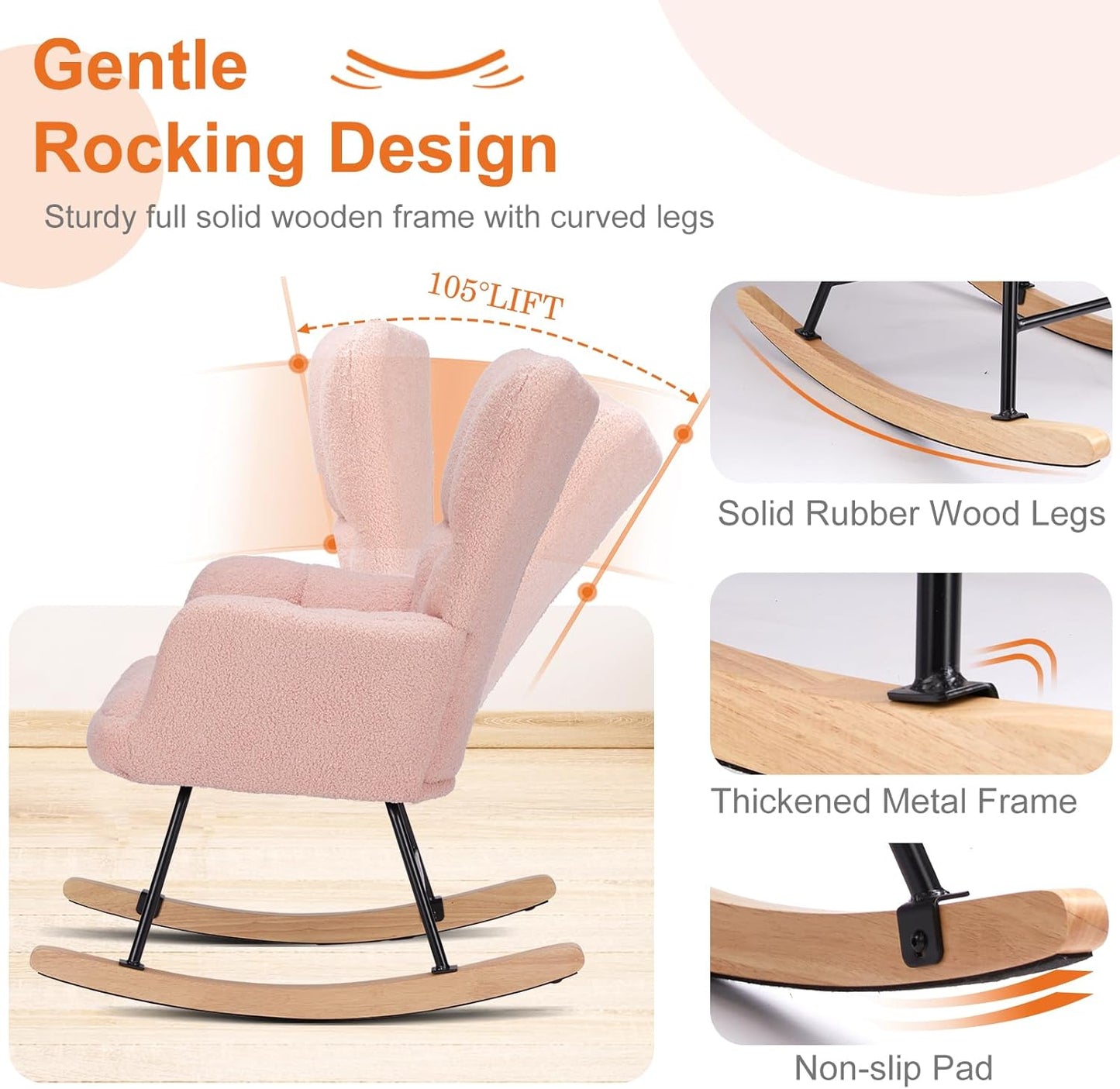 Sweetcrispy Rocking Chair Nursery, Teddy Upholstered Glider Rocker with High Backrest, Reading Chair Modern Rocking Accent Chairs Glider Chair for Nursery, Living Room, Bedroom, Baby Pink