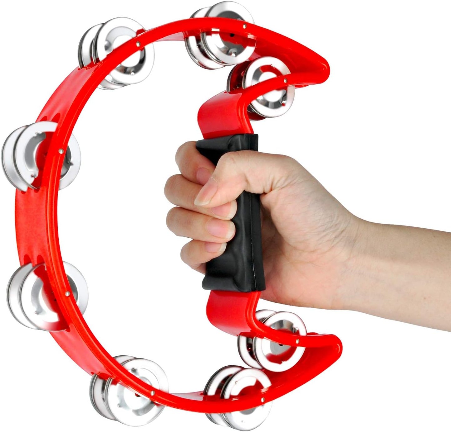 EastRock Tambourine Metal Jingles Hand Held Percussion Half Moon Tambourine for Kids, Adults, KTV, Party Red