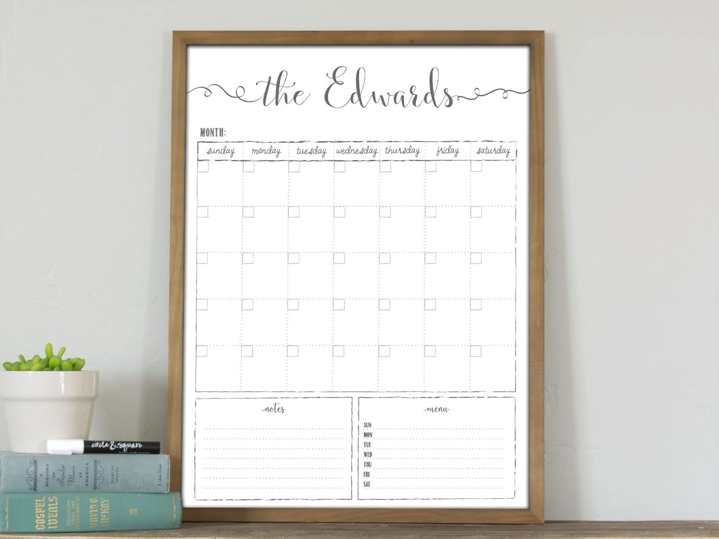 Customized Dry Erase Whiteboard Framed Calendar, Wet Erase or Dry Erase calendar for wall, 18x24 or 24x36 Wall Calendar, Monthly Calendar, Family Name Calendar