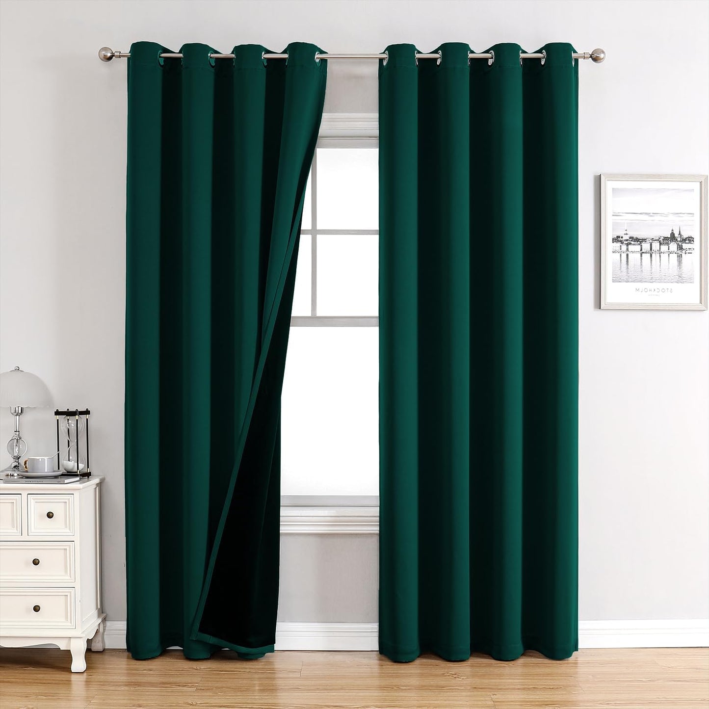 ChrisDowa 100% Blackout Curtains 80 inch Long for Bedroom with Black Liner, 2 Thick Layers Total Blackout Thermal Insulated Grommet Window Curtains 2 Panels Set (Forest Green, 52 x 80 Inch)