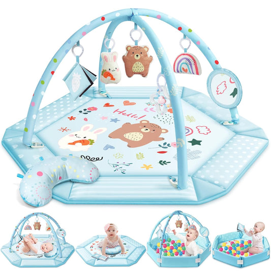 Baby Gym Play Mat, 8-in-1 Tummy Time Mat & Ball Pit with 6 Toys, Washable Baby Activity Mat for Visual, Hearing, Sensory, Motor Development, Baby Gift for Newborn Infant 0-3-6-9-12 Months (Blue)