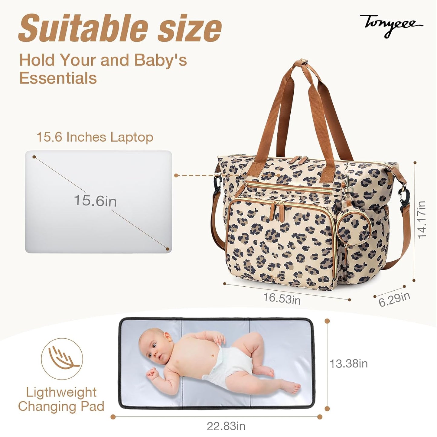 Diaper Bag Tote, Large Baby Diaper Bags for Travel, Hospital Bag for Labor Delivery with Pacifier Case, Changing Pad, Shoulder Strap, Leopard Print