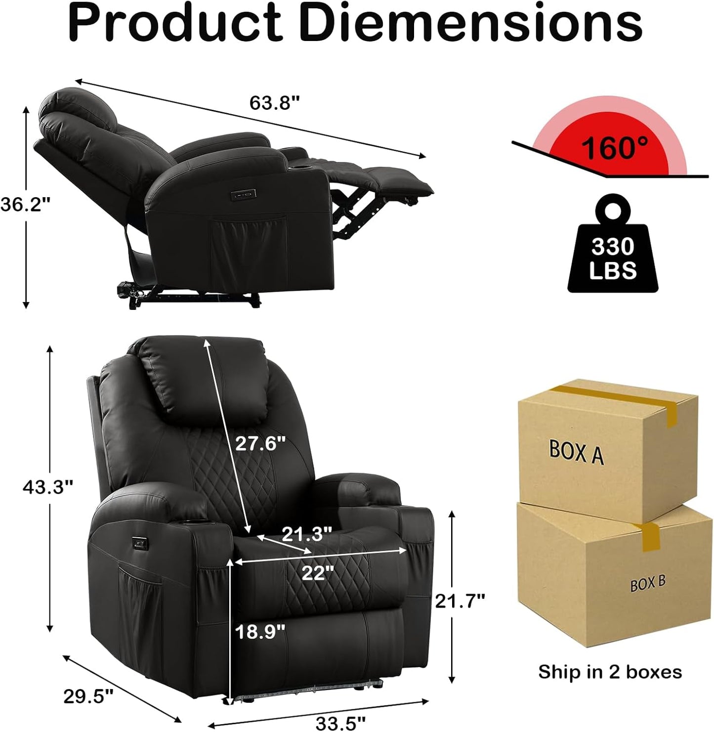 Power Recliner Chair with Heat and Massage for Adults - Home Theater Seating with LED Lights,Cup Holders,Side Pocket,USB Port - Recliner Sofa for Living Room(Black, Set of 2)
