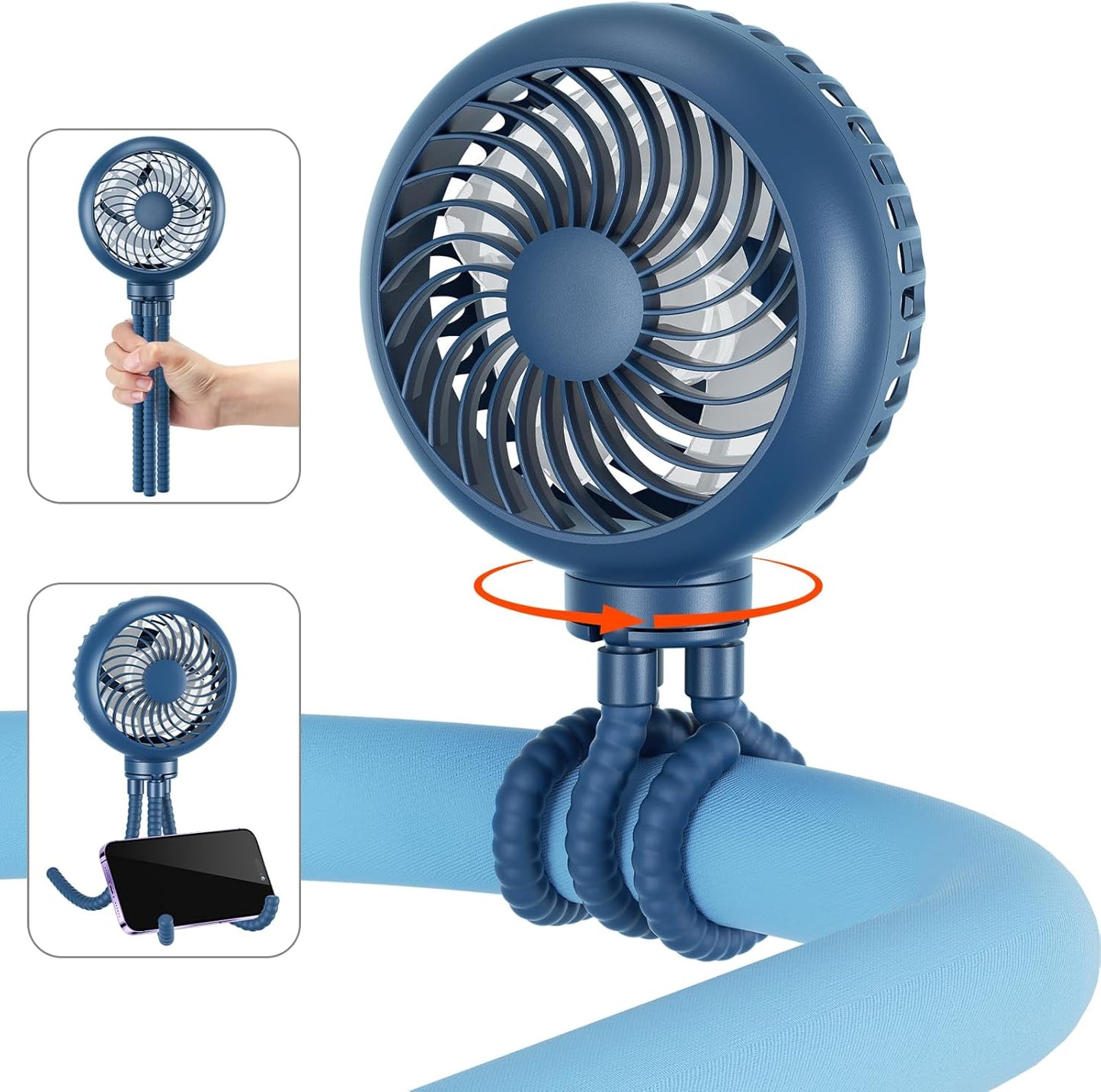 HandFan 4000mAh Battery Operated Stroller Fan Flexible Tripod Clip on Fan with 4 Speeds and Rotatable Max 31Hrs Handheld Personal Fans for Crib Car Seat Bike Treadmill (Blue)