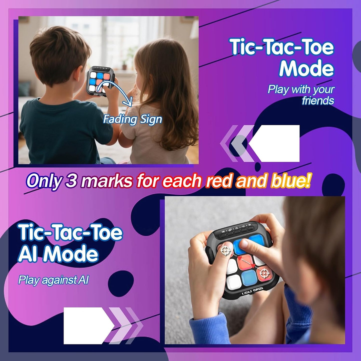 Tic Tac Toe Electronic Handheld Puzzle Game Console Fidget Toys w/ 7 Game Modes, Portable Fast and Fun Car Travel Press Games for Kids and Adults, Ideal Xmas Birthday Gifts for Ages 3+ (Grey)