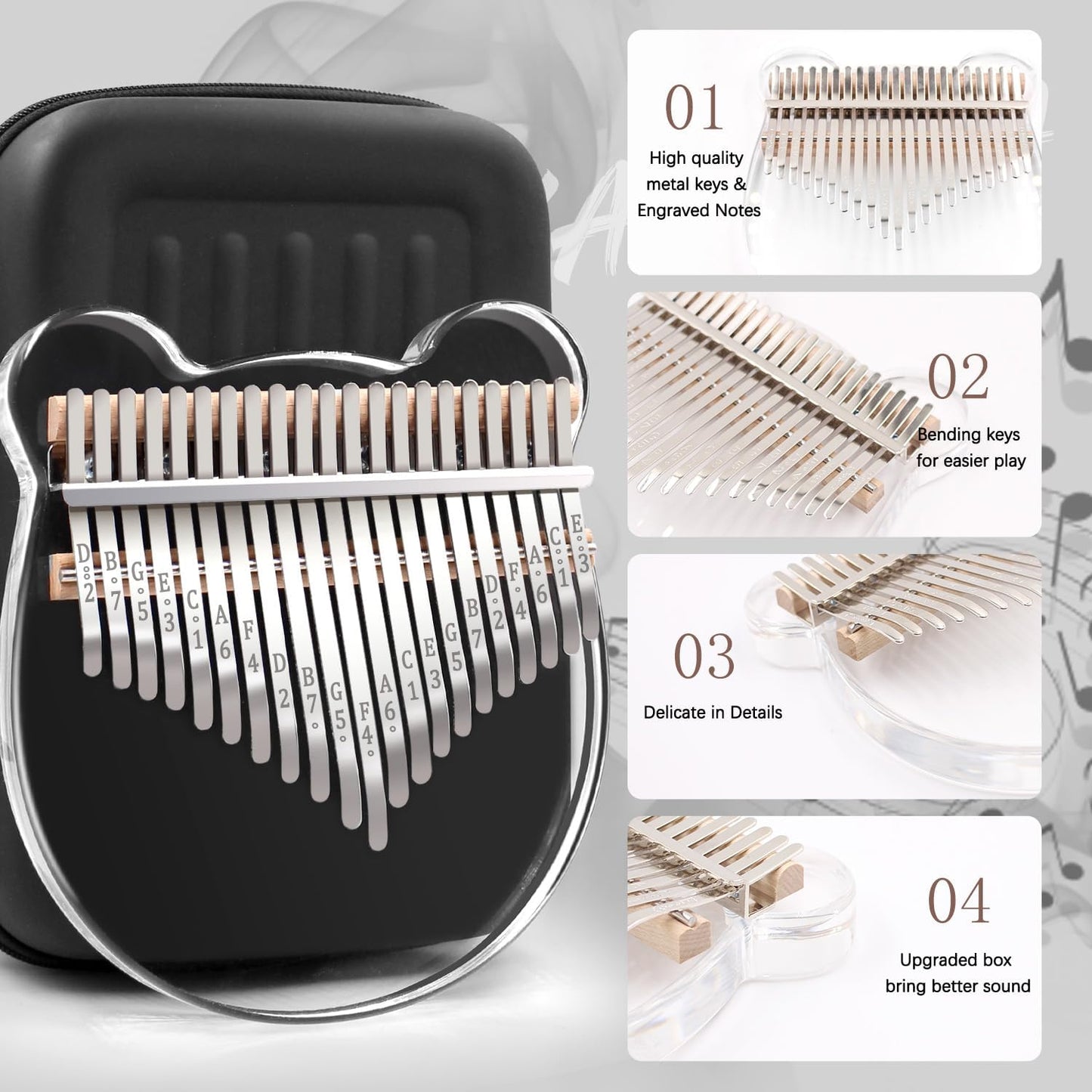 Acrylic Kalimba Thumb Piano,YUNDIE Portable 17/21 Keys Mbira Crystal Finger Piano, Musical Instruments Birthday Gift for Kid Adult Beginners Professional(Clear) (21 Keys)