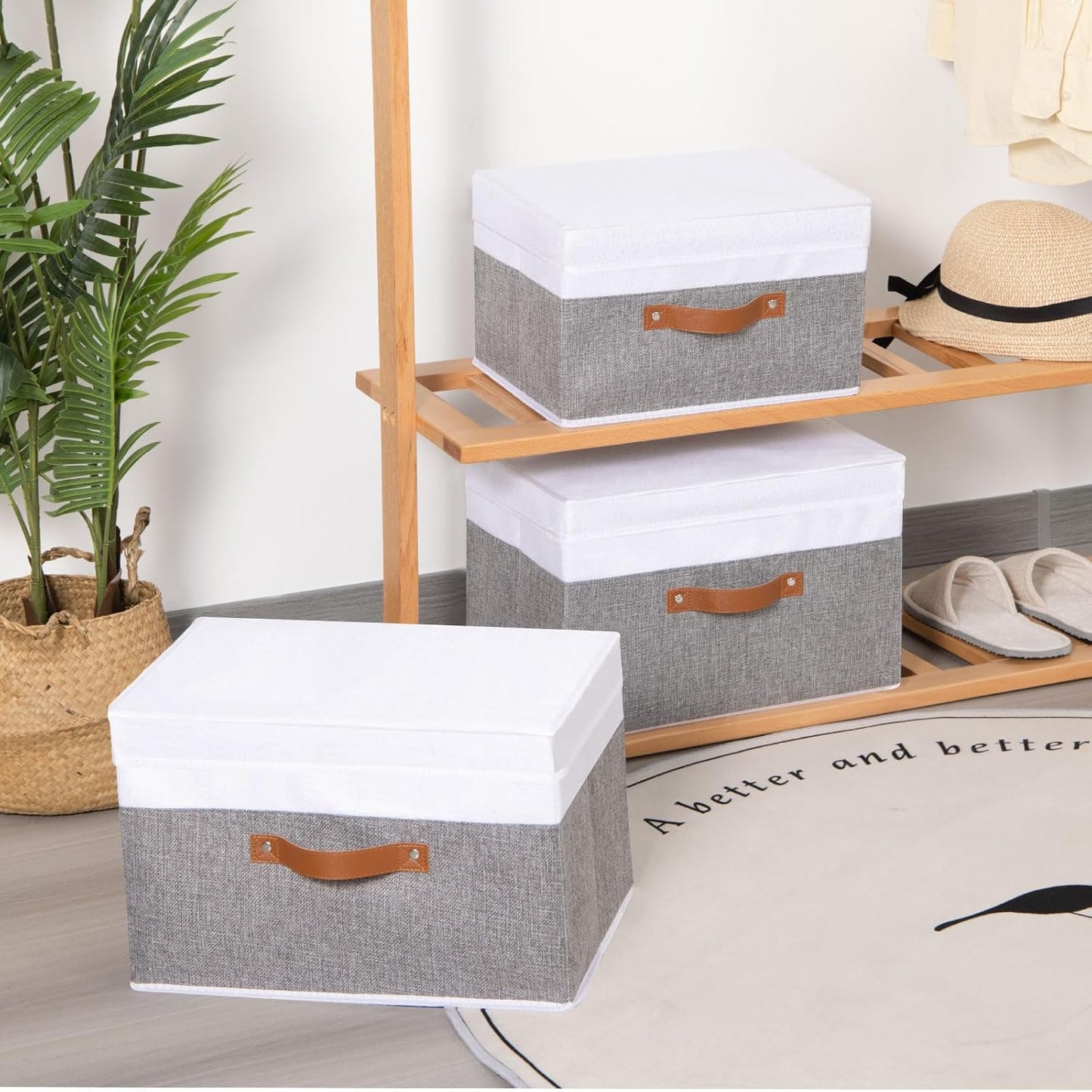Fabric Storage Bins with Lids, 1 Pack Linen Foldable Cloth Baskets, 15 x 9.8 x 9.8 Inch Closet Organizer Containers with Double Handles, Sweater Boxes for Bedroom, White and Grey