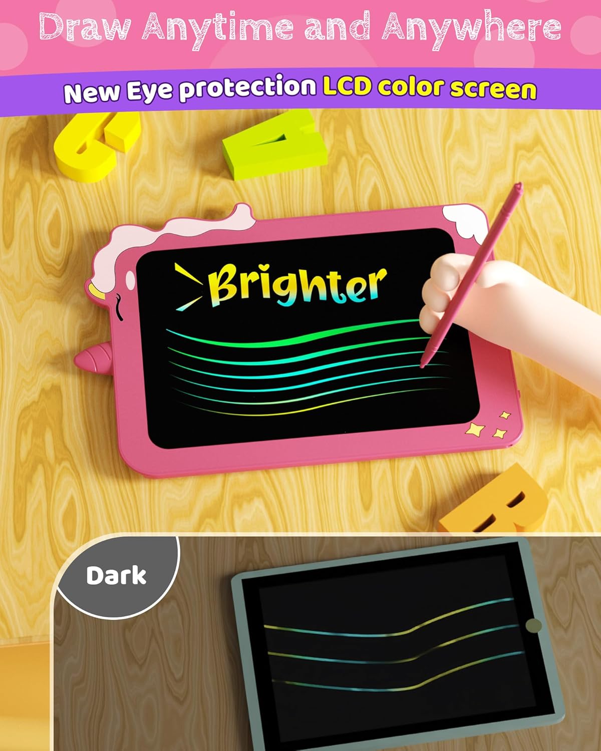 TEKFUN LCD Writing Tablet for Kids, 8.5 Inch Unicorn Toddler Doodle Board, Drawing Tablet, Reusable Electronic Pads Educational and Learning Toy Gift for 3-8 Years Old Boy and Girl (Pink)